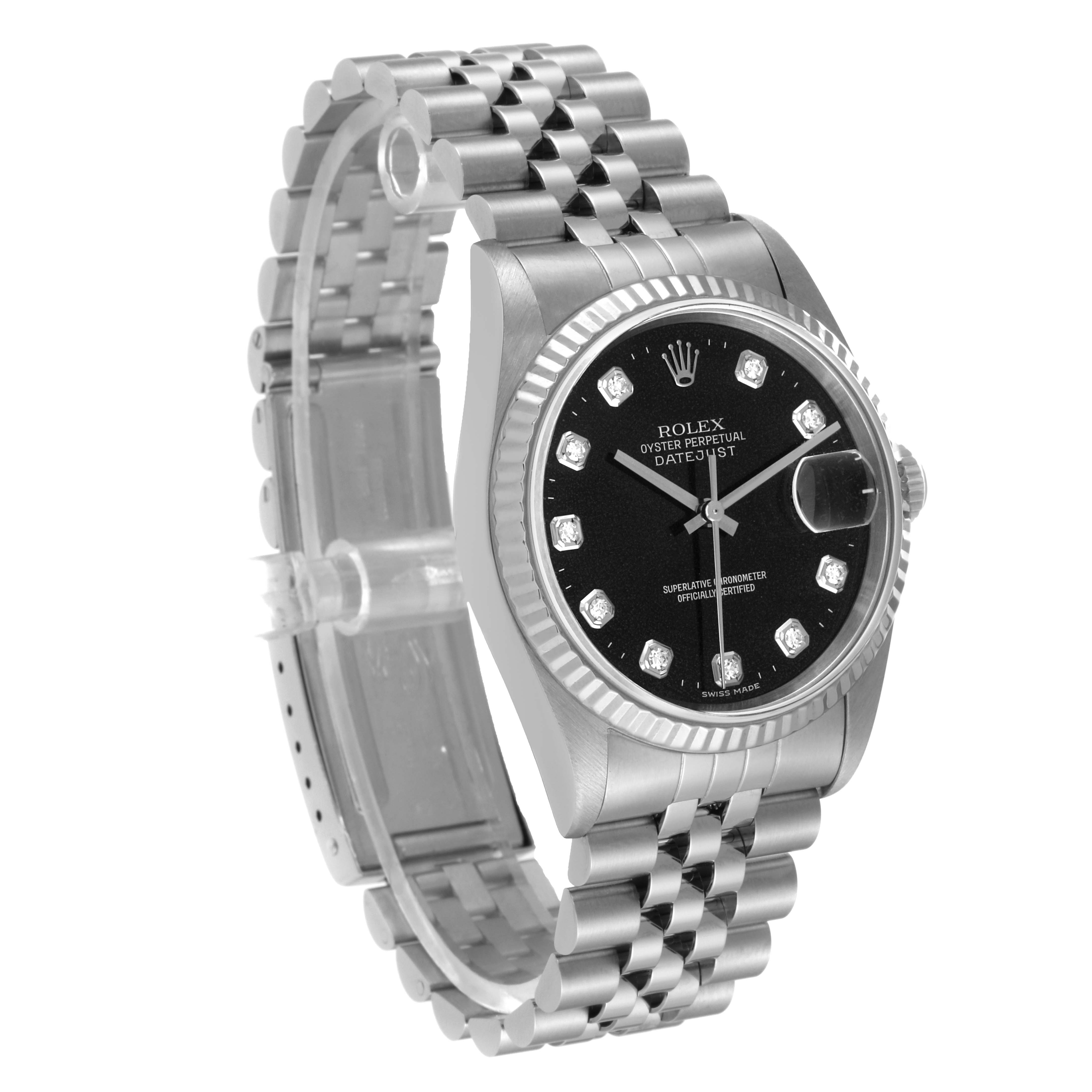 The Rolex Datejust 16234 Men's Stainless Steel Black Dial 16234 Men's Stainless Steel Black Dial watch is shown at a three-quarter angle, highlighting the face, bezel, and bracelet.