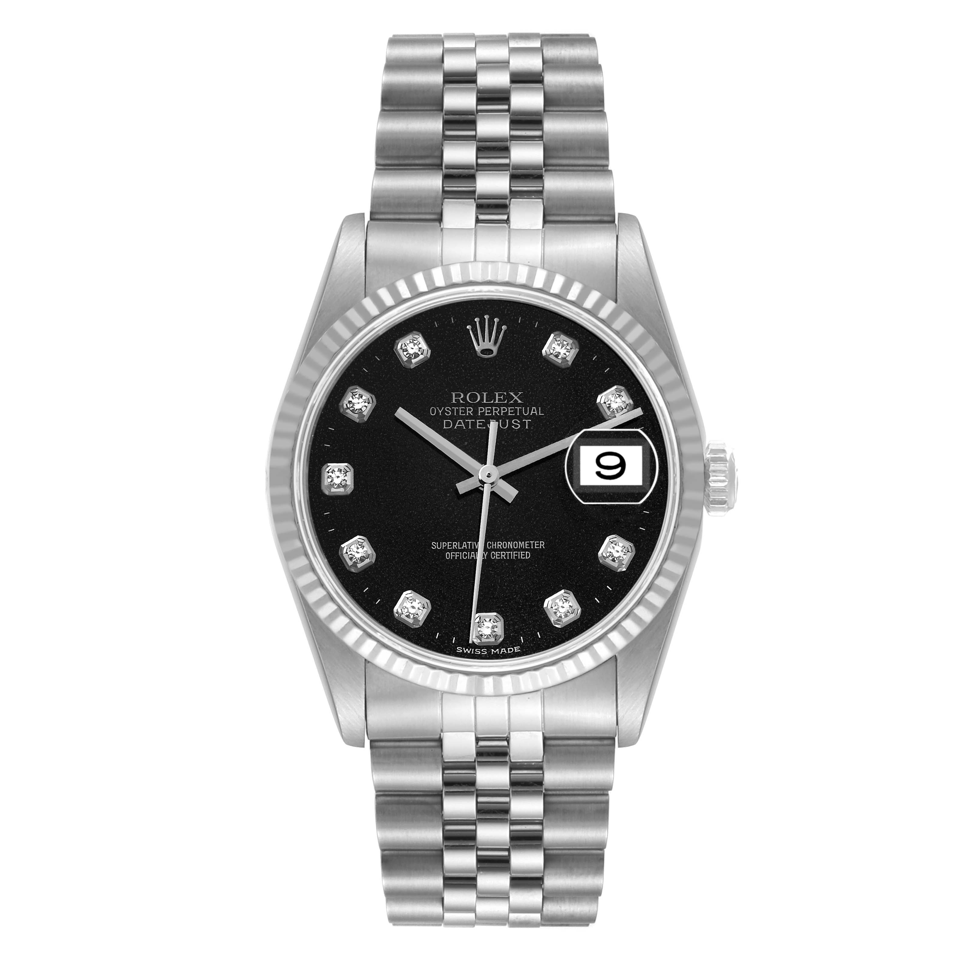 This image shows a frontal view of a Rolex Datejust 16234 Men's Stainless Steel Black Dial 16234 Men's Stainless Steel Black Dial watch with a black dial, diamond hour markers, and a stainless steel Jubilee bracelet.