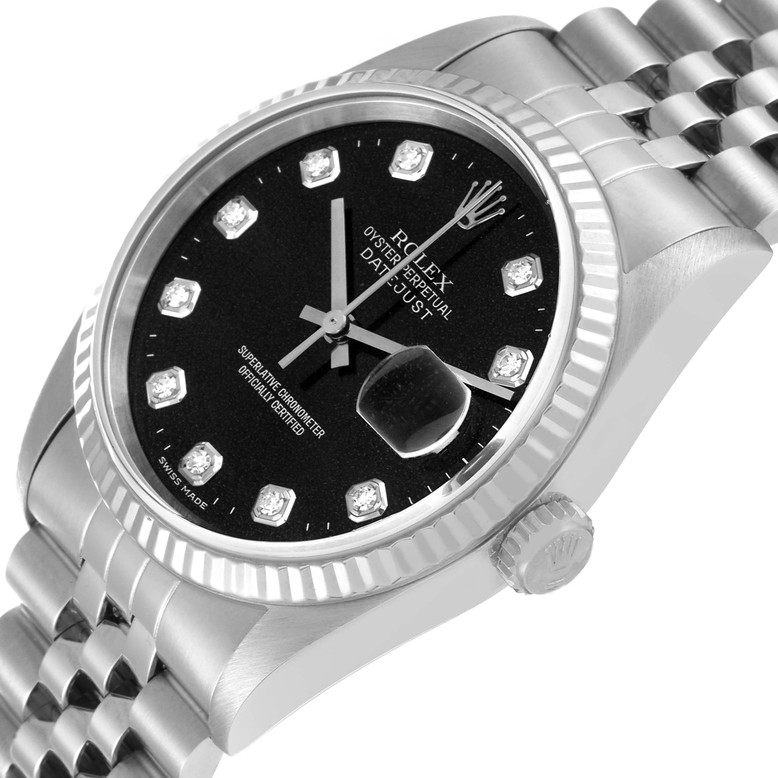 This image shows a close-up angled view of a Rolex Datejust 16234 Men's Stainless Steel Black Dial 16234 Men's Stainless Steel Black Dial watch, highlighting the dial, bezel, and part of the bracelet.