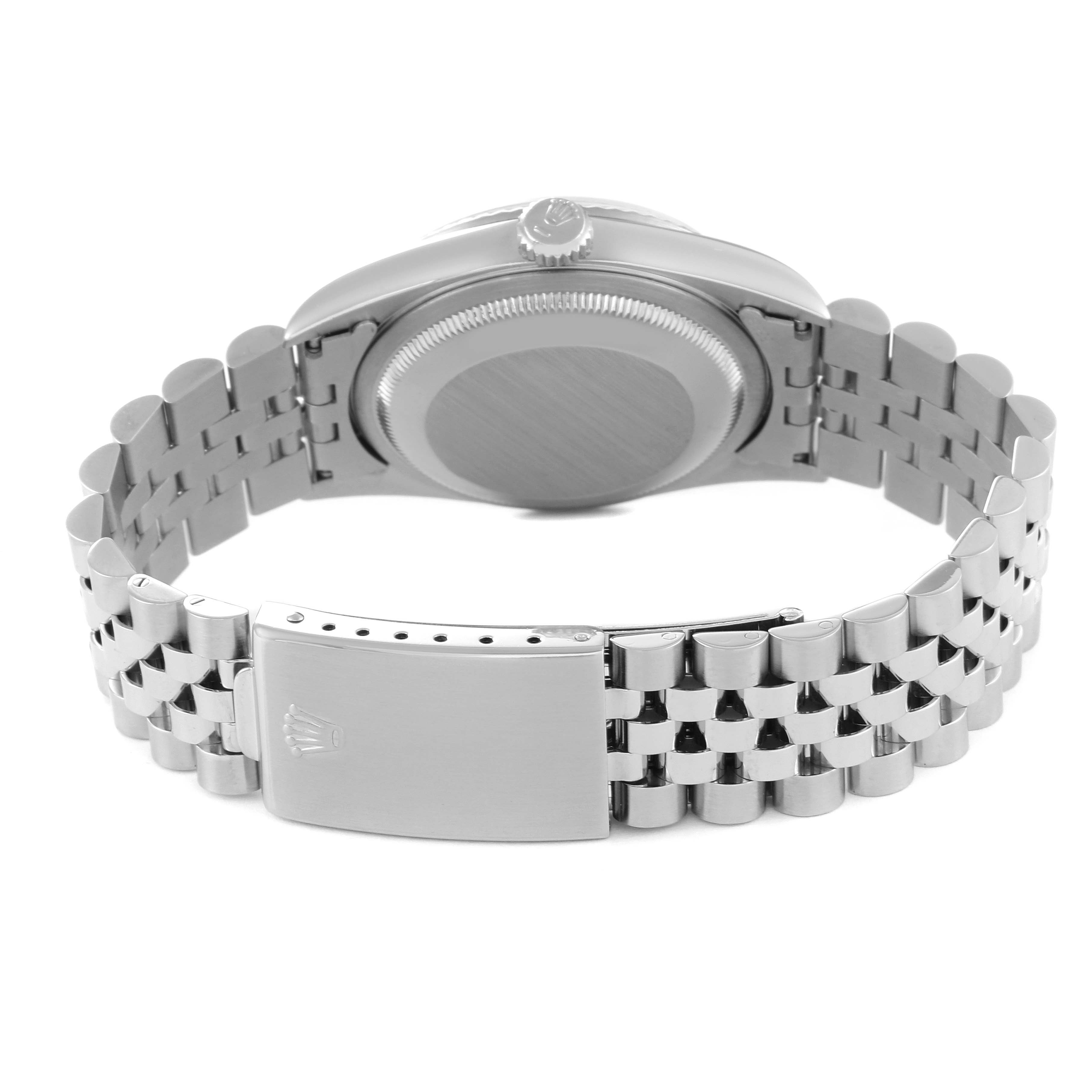 This image shows the back view of a Rolex Datejust 16234 Men's Stainless Steel Black Dial 16234 Men's Stainless Steel Black Dial, highlighting the Jubilee bracelet and clasp.