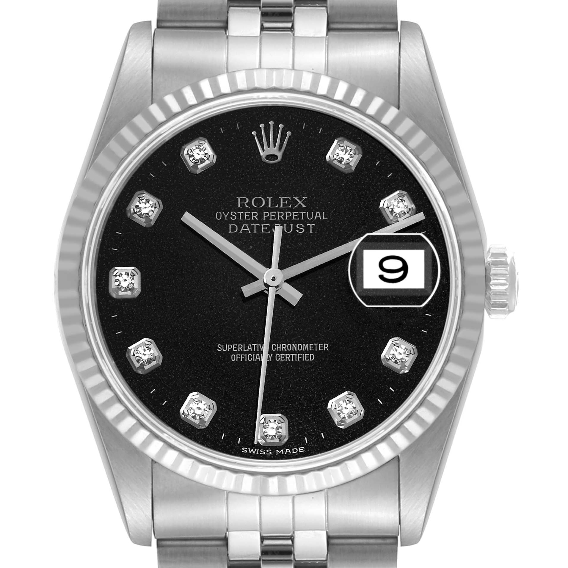 The image shows a front view of a Rolex Datejust 16234 Men's Stainless Steel Black Dial 16234 Men's Stainless Steel Black Dial watch, highlighting the dial, bezel, and part of the bracelet.