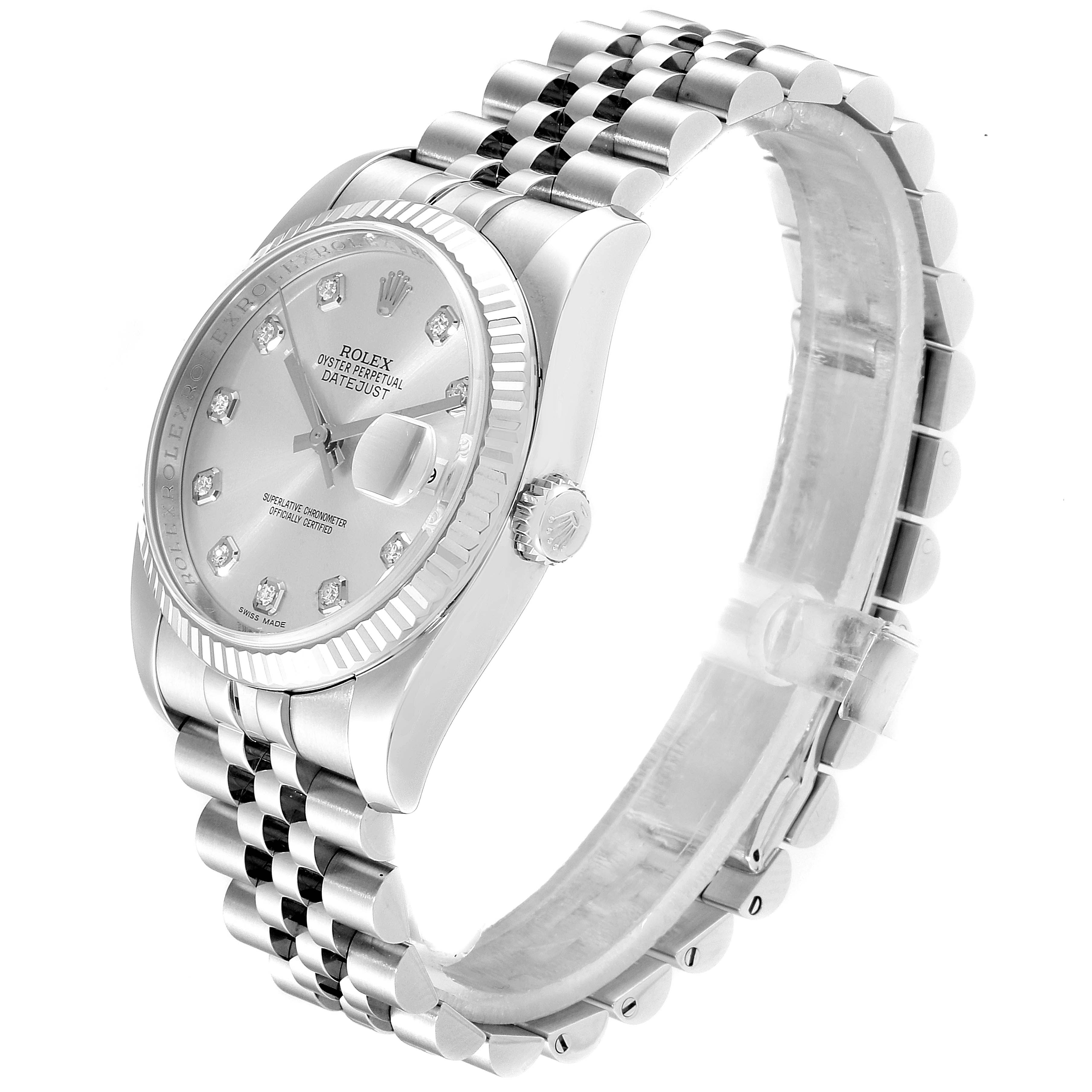 This image shows a side angle of a Rolex Datejust 116234  Men's Stainless Steel Silver Dial 116234  Men's Stainless Steel Silver Dial watch, displaying the bezel, dial, hour markers, and stainless steel bracelet.