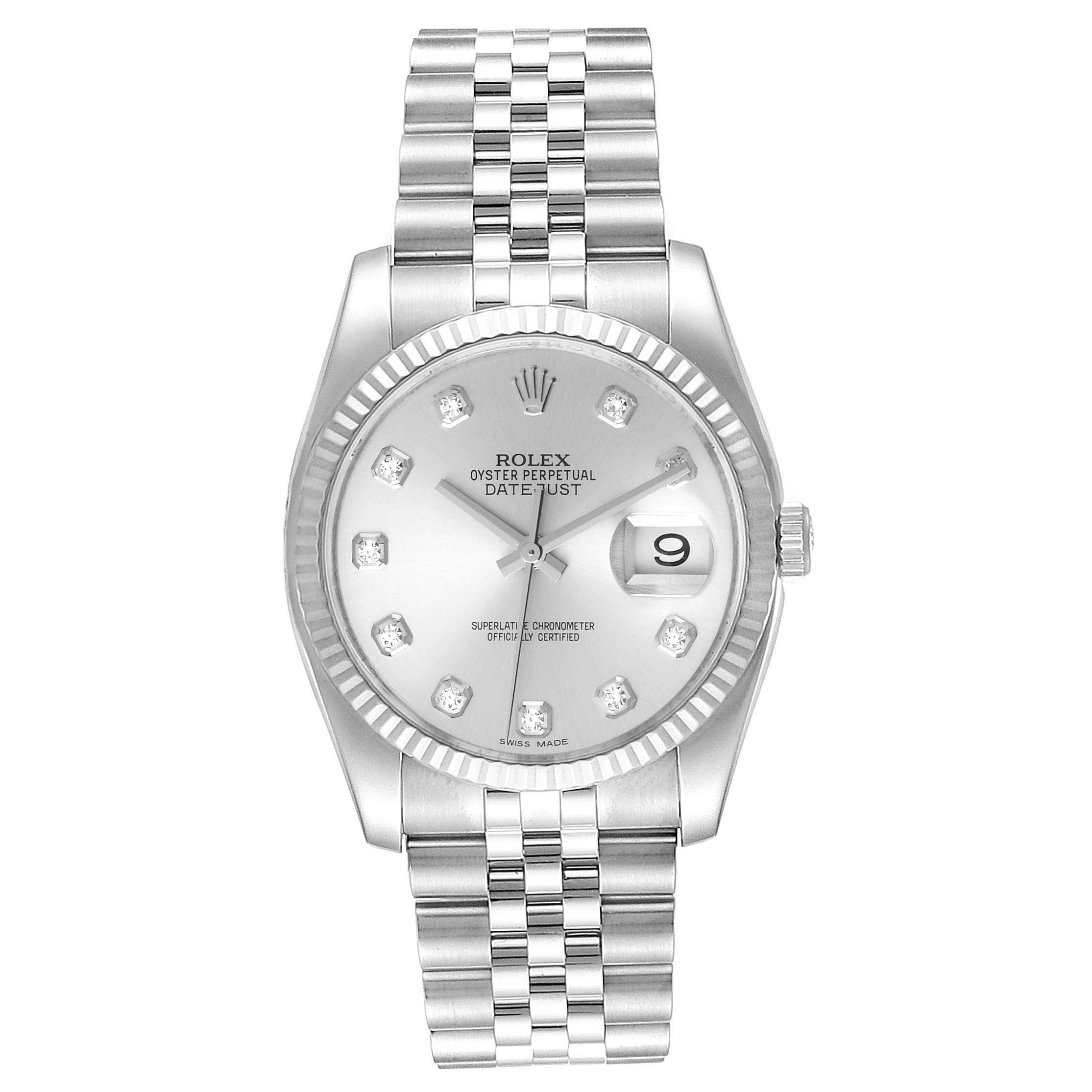 This is a front view of a Rolex Datejust 116234  Men's Stainless Steel Silver Dial 116234  Men's Stainless Steel Silver Dial watch featuring its dial, fluted bezel, Jubilee bracelet, and date window.