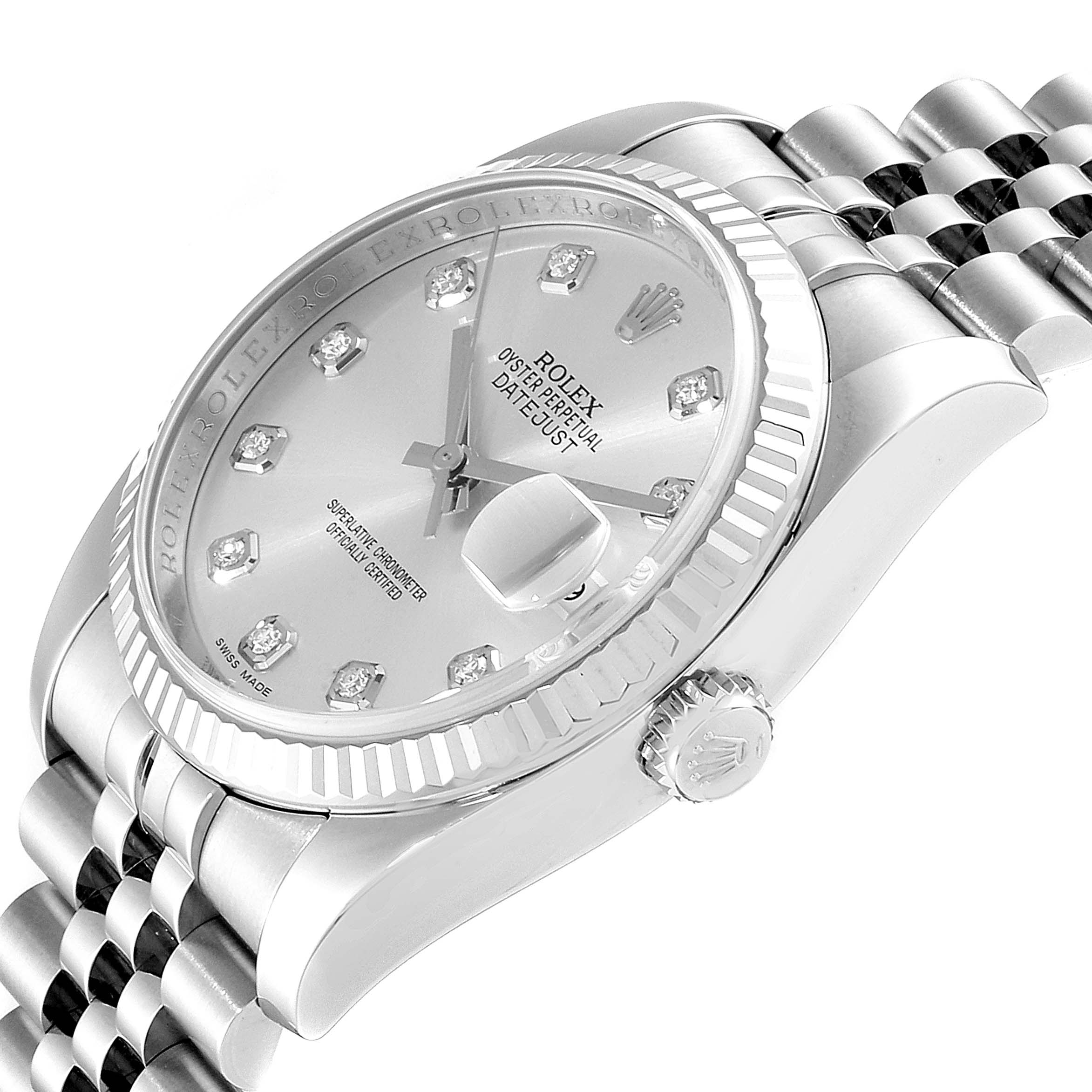 The image shows a close-up, angled view of a Rolex Datejust 116234  Men's Stainless Steel Silver Dial 116234  Men's Stainless Steel Silver Dial watch displaying its face, bezel, case, crown, and part of the bracelet.
