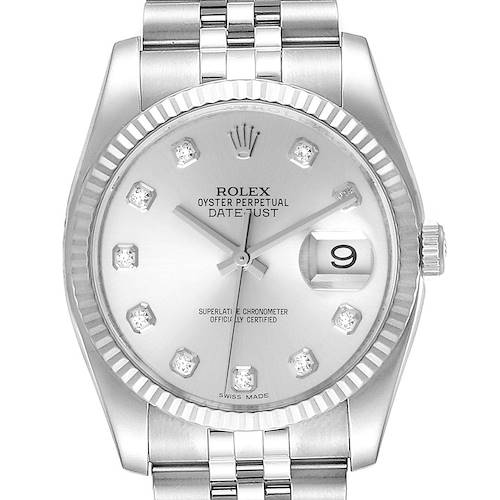 The image shows a front view of a Rolex Datejust, displaying the dial with diamond hour markers and the date function.