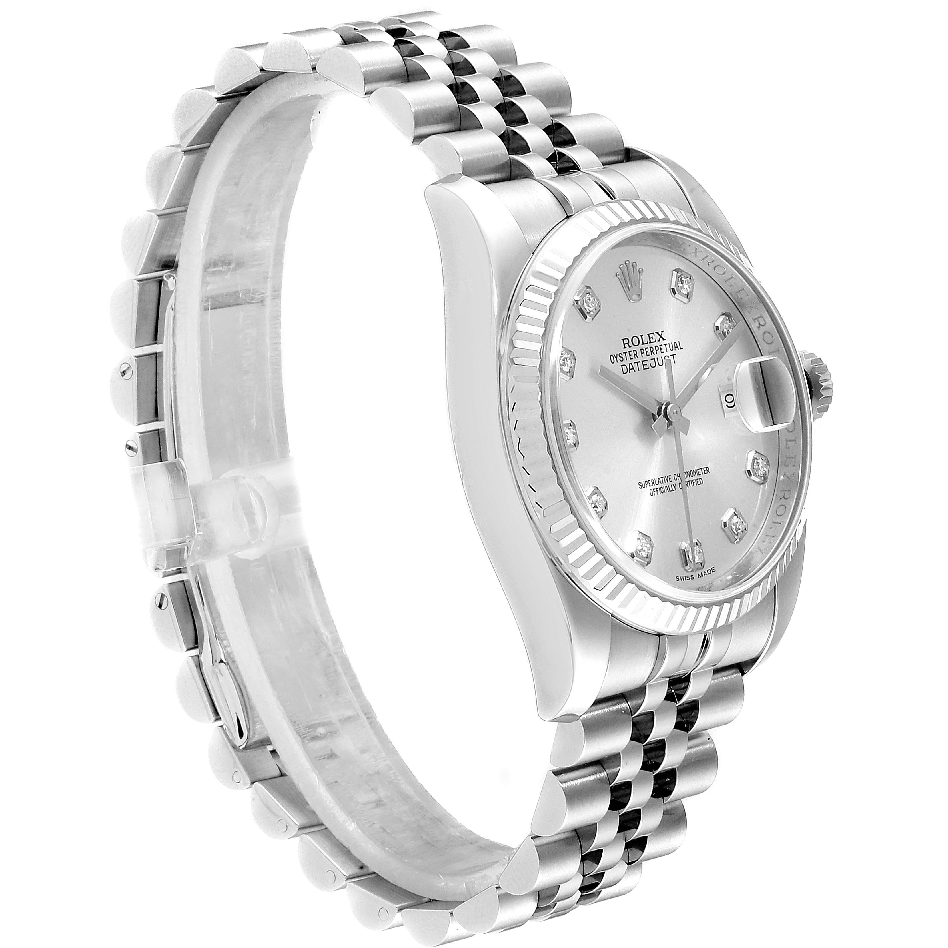 The image shows a side angle of the Rolex Datejust 116234  Men's Stainless Steel Silver Dial 116234  Men's Stainless Steel Silver Dial watch, highlighting its dial, bezel, bracelet, and crown.