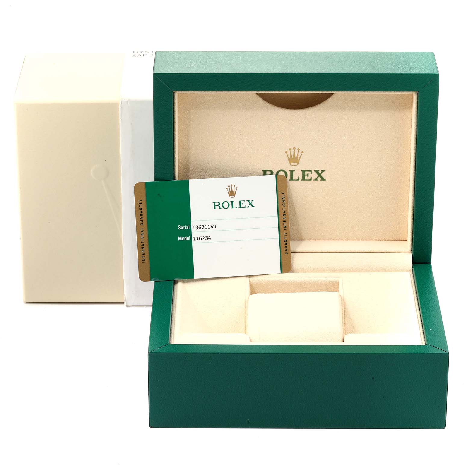 The image shows a Rolex Datejust 116234  Men's Stainless Steel Silver Dial 116234  Men's Stainless Steel Silver Dial watch box and an authenticity card from a frontal angle.