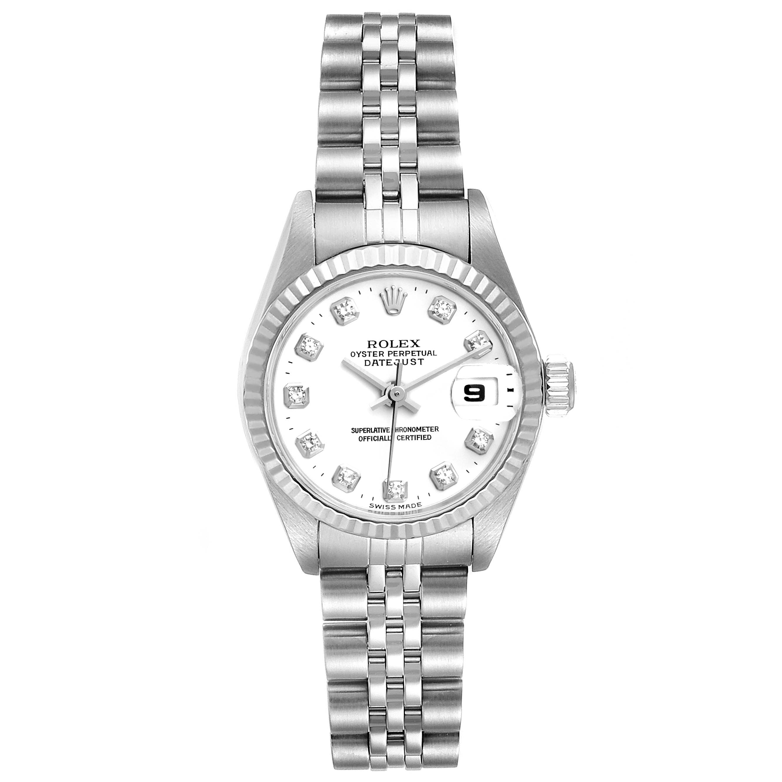 The image shows a front view of the Rolex Datejust 79174 Women's Steel and Gold (two tone) White Dial 79174 Women's Steel and Gold (two tone) White Dial watch, displaying the dial, bezel, crown, and bracelet.