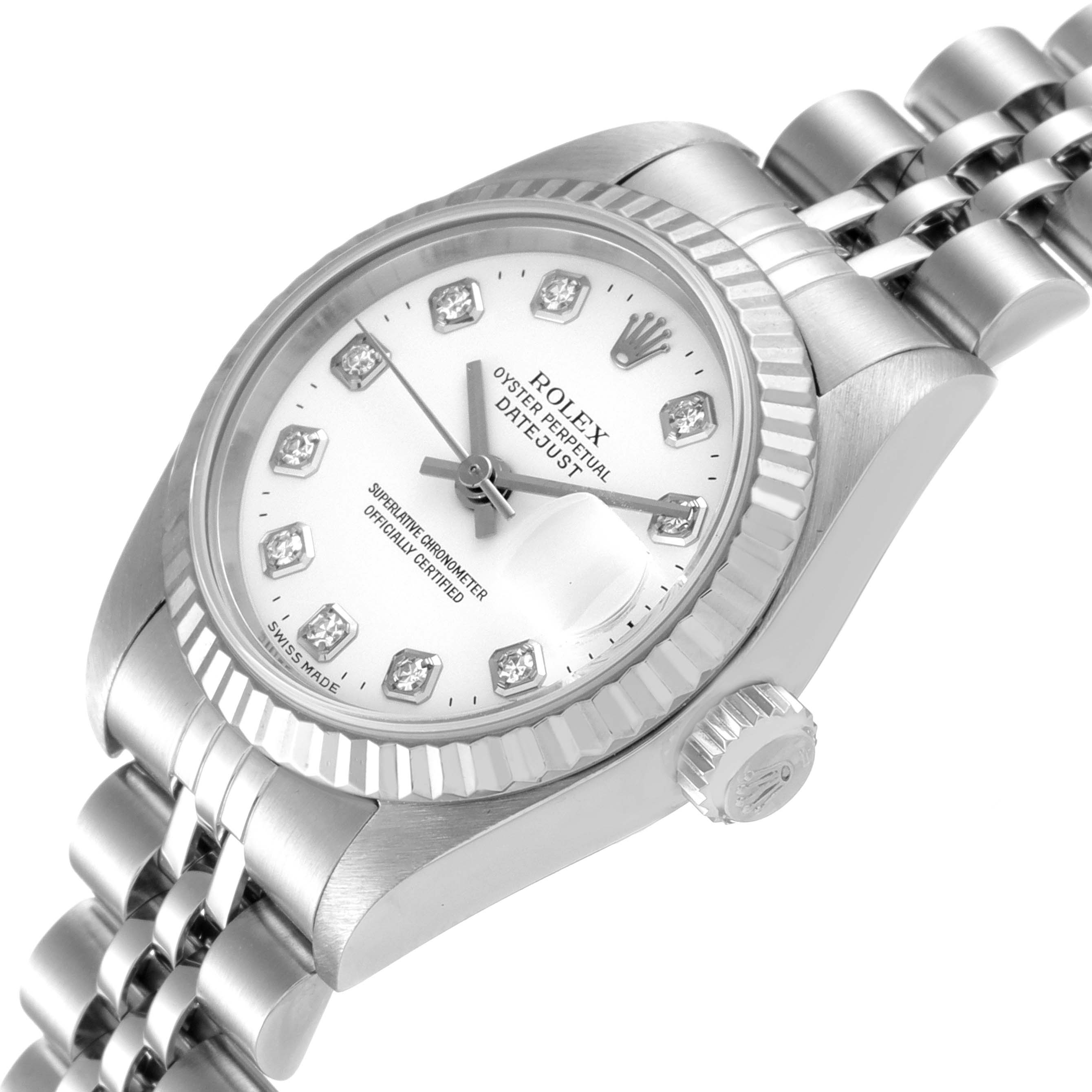 The image shows a close-up angle of a Rolex Datejust 79174 Women's Steel and Gold (two tone) White Dial 79174 Women's Steel and Gold (two tone) White Dial watch, highlighting its face, crown, and part of the bracelet.