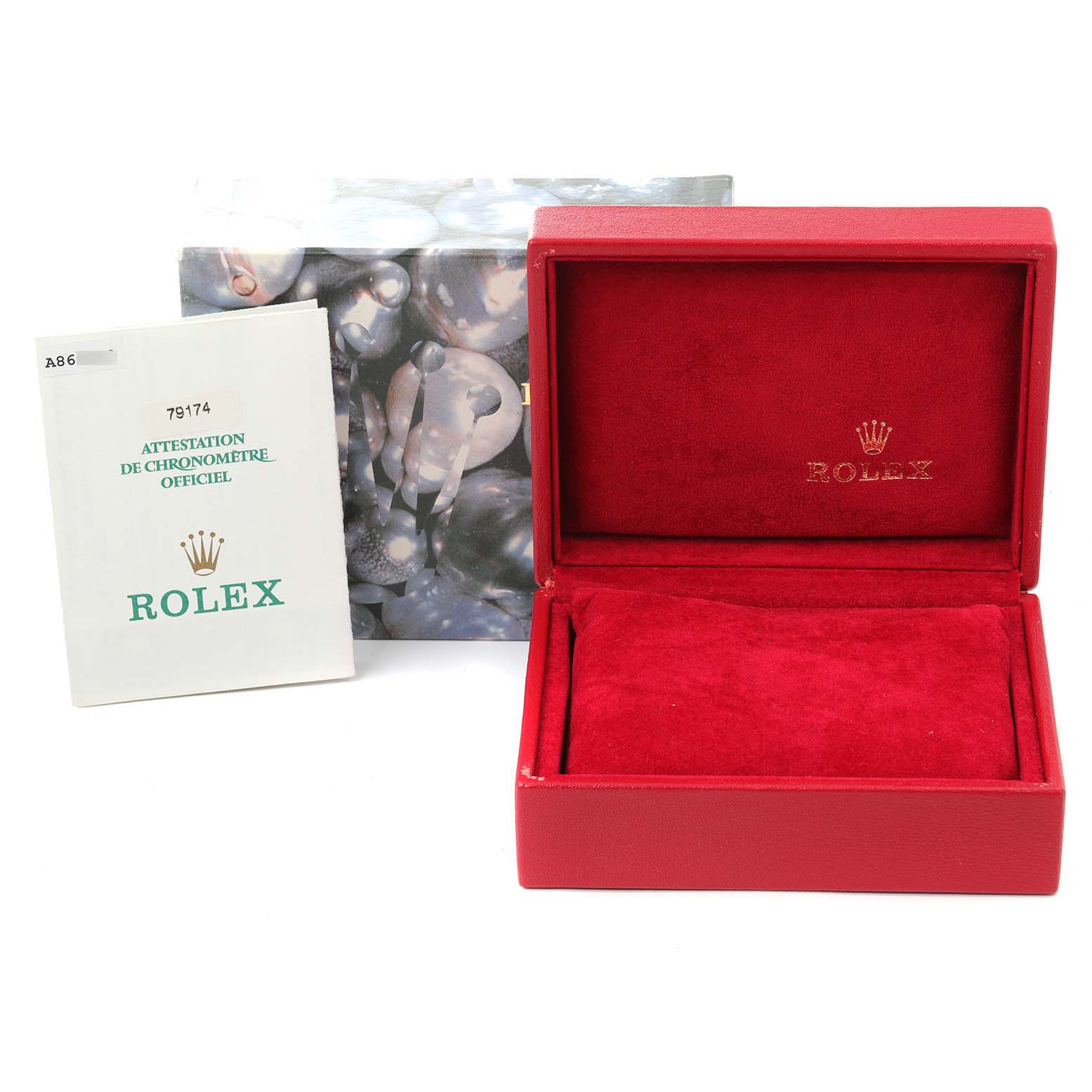 This image shows the Rolex Datejust 79174 Women's Steel and Gold (two tone) White Dial 79174 Women's Steel and Gold (two tone) White Dial's packaging, including the red box, a certificate, and an outer box.
