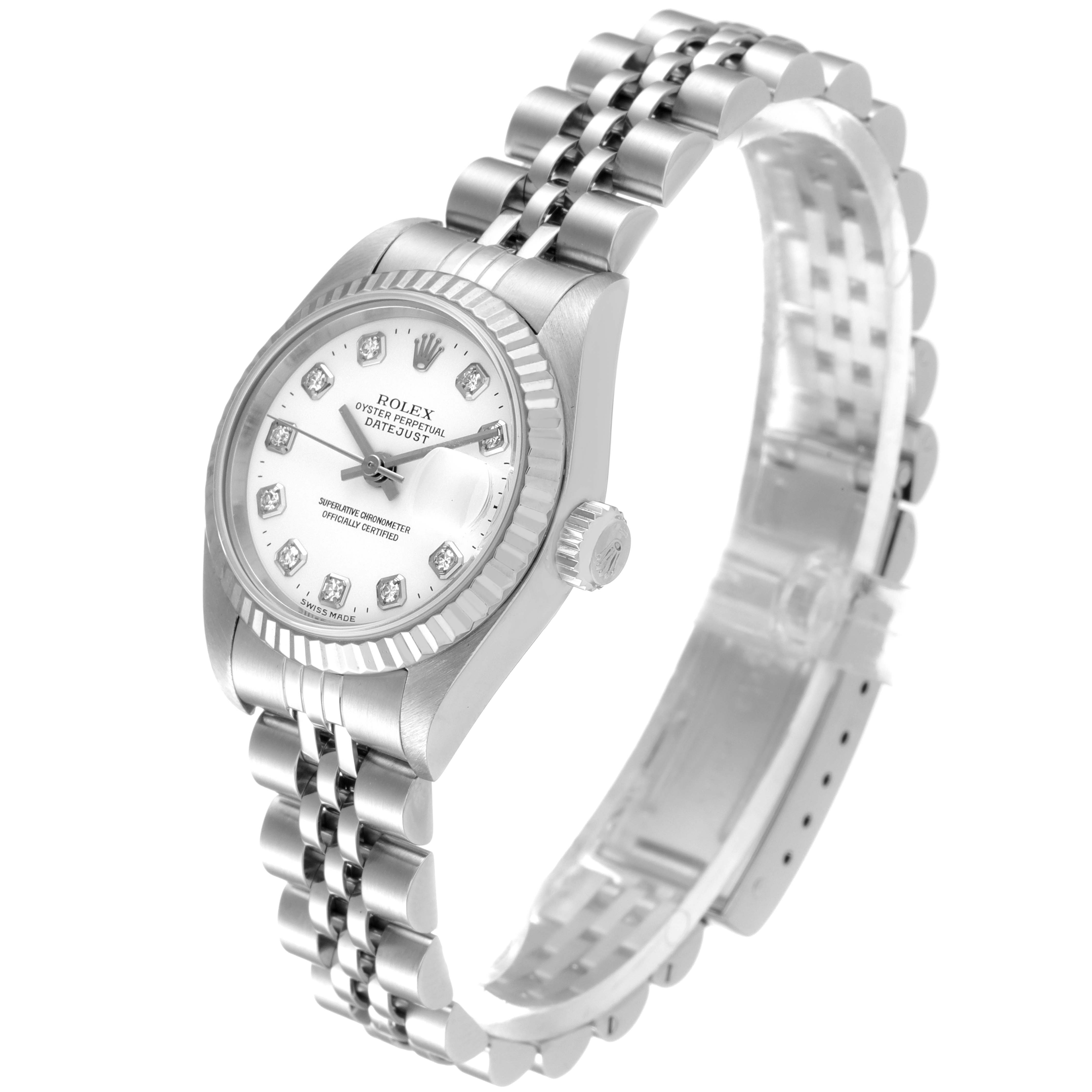 This image shows a Rolex Datejust 79174 Women's Steel and Gold (two tone) White Dial 79174 Women's Steel and Gold (two tone) White Dial watch from a three-quarter angle highlighting its face, bezel, and bracelet.