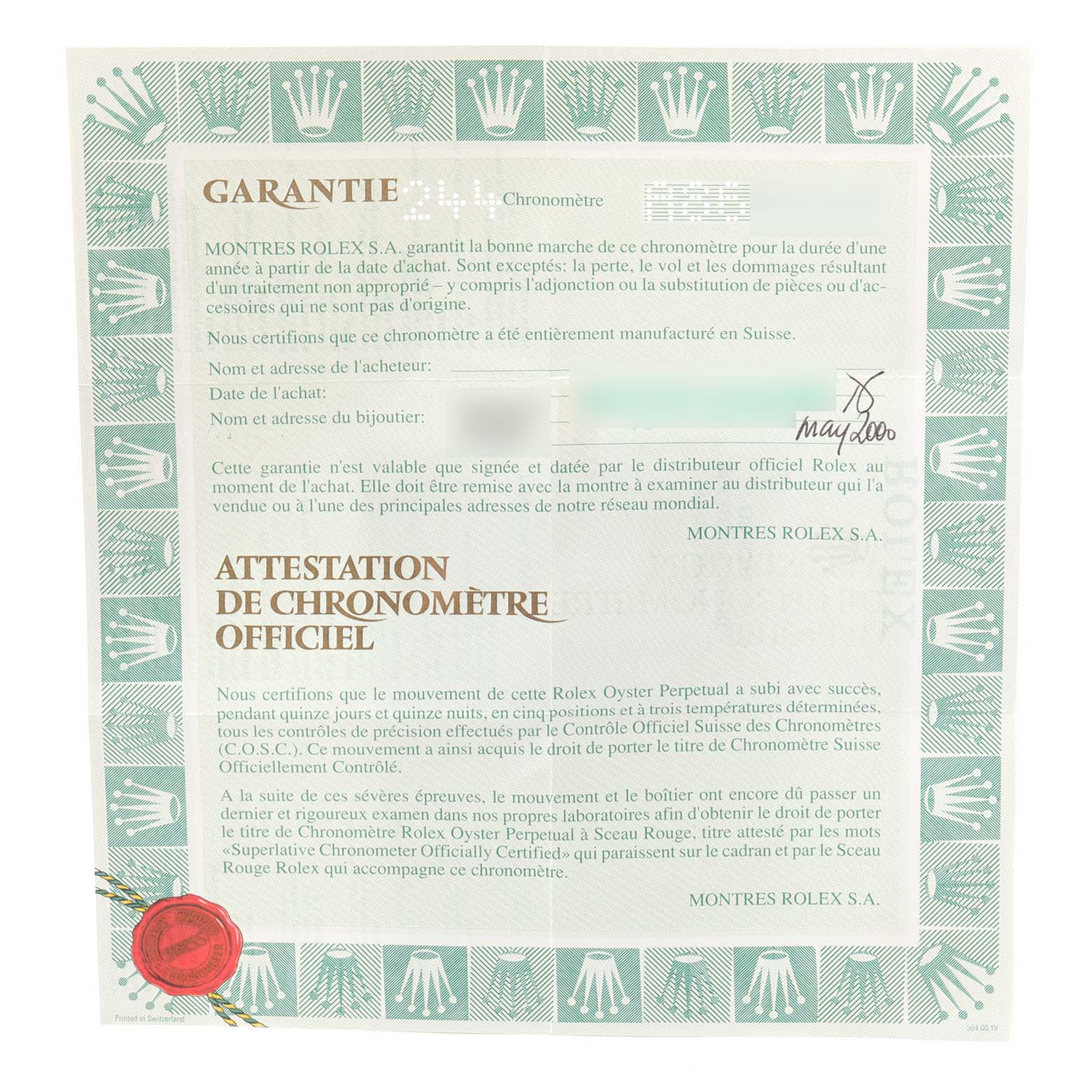 The image shows the official warranty and chronometer certification document for a Rolex Datejust 79174 Women's Steel and Gold (two tone) White Dial 79174 Women's Steel and Gold (two tone) White Dial watch.