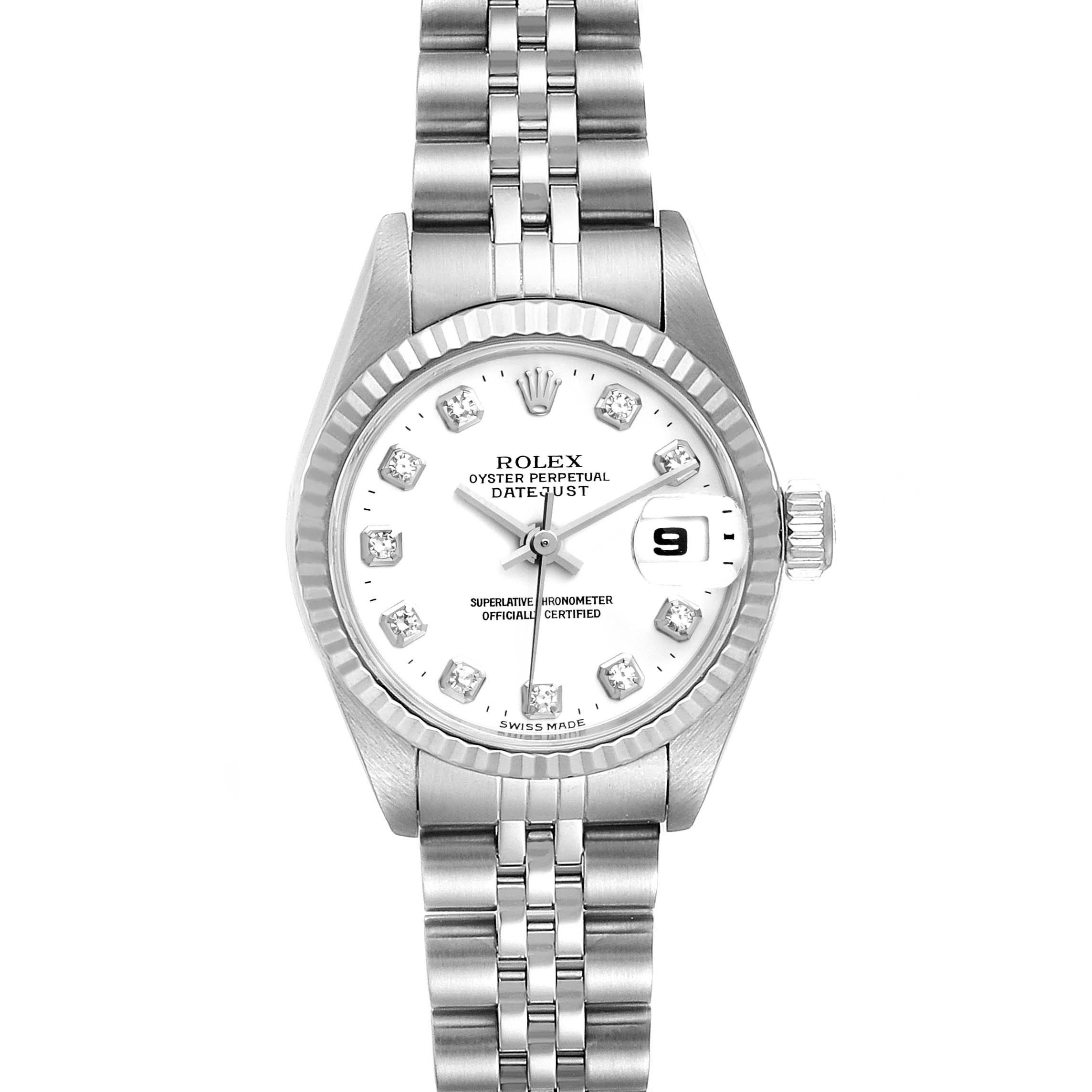 The image shows a frontal view of the Rolex Datejust 79174 Women's Steel and Gold (two tone) White Dial 79174 Women's Steel and Gold (two tone) White Dial watch, displaying its dial, bezel, crown, and bracelet.