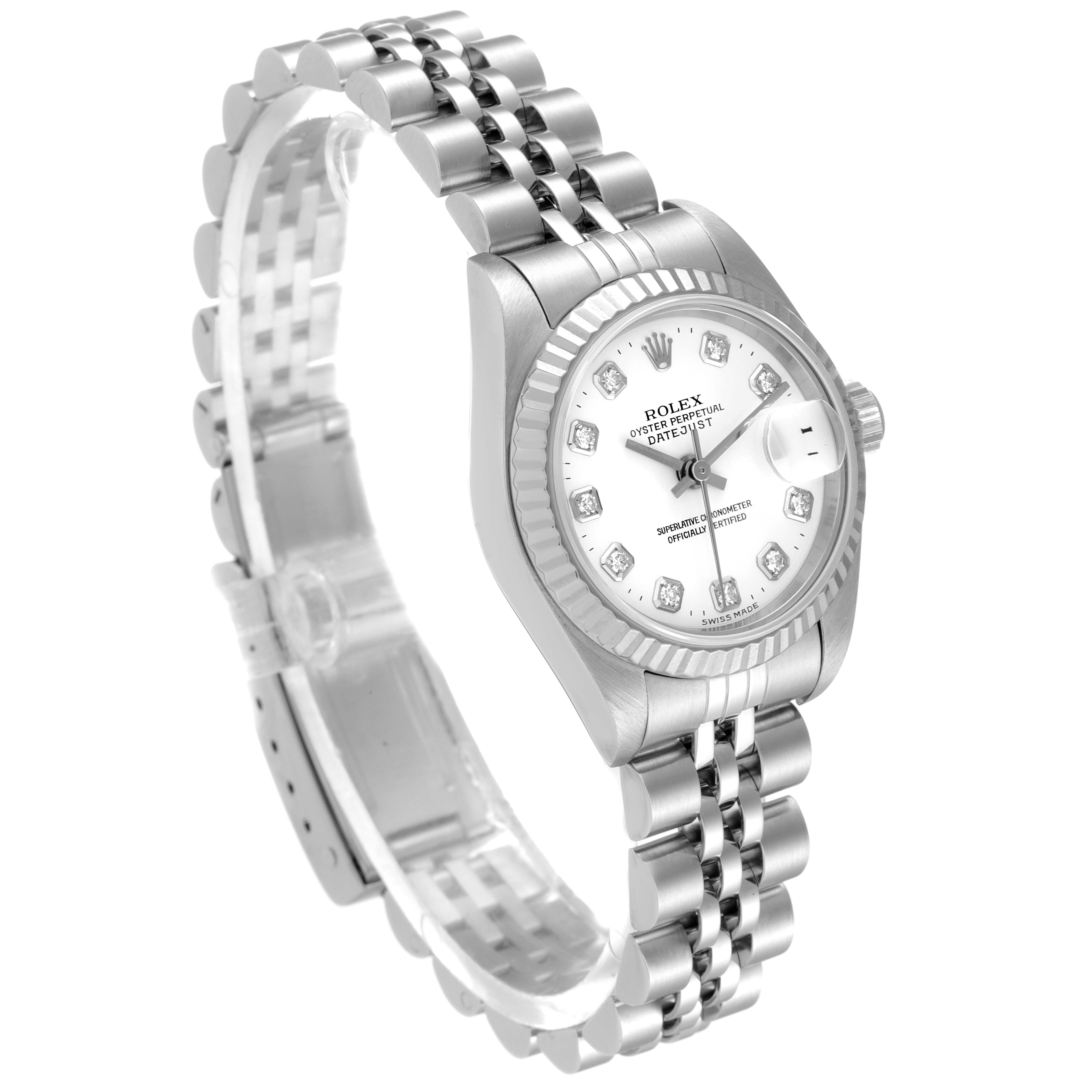 The image shows a front-side angle of a Rolex Datejust 79174 Women's Steel and Gold (two tone) White Dial 79174 Women's Steel and Gold (two tone) White Dial watch, highlighting its dial, bezel, and bracelet.