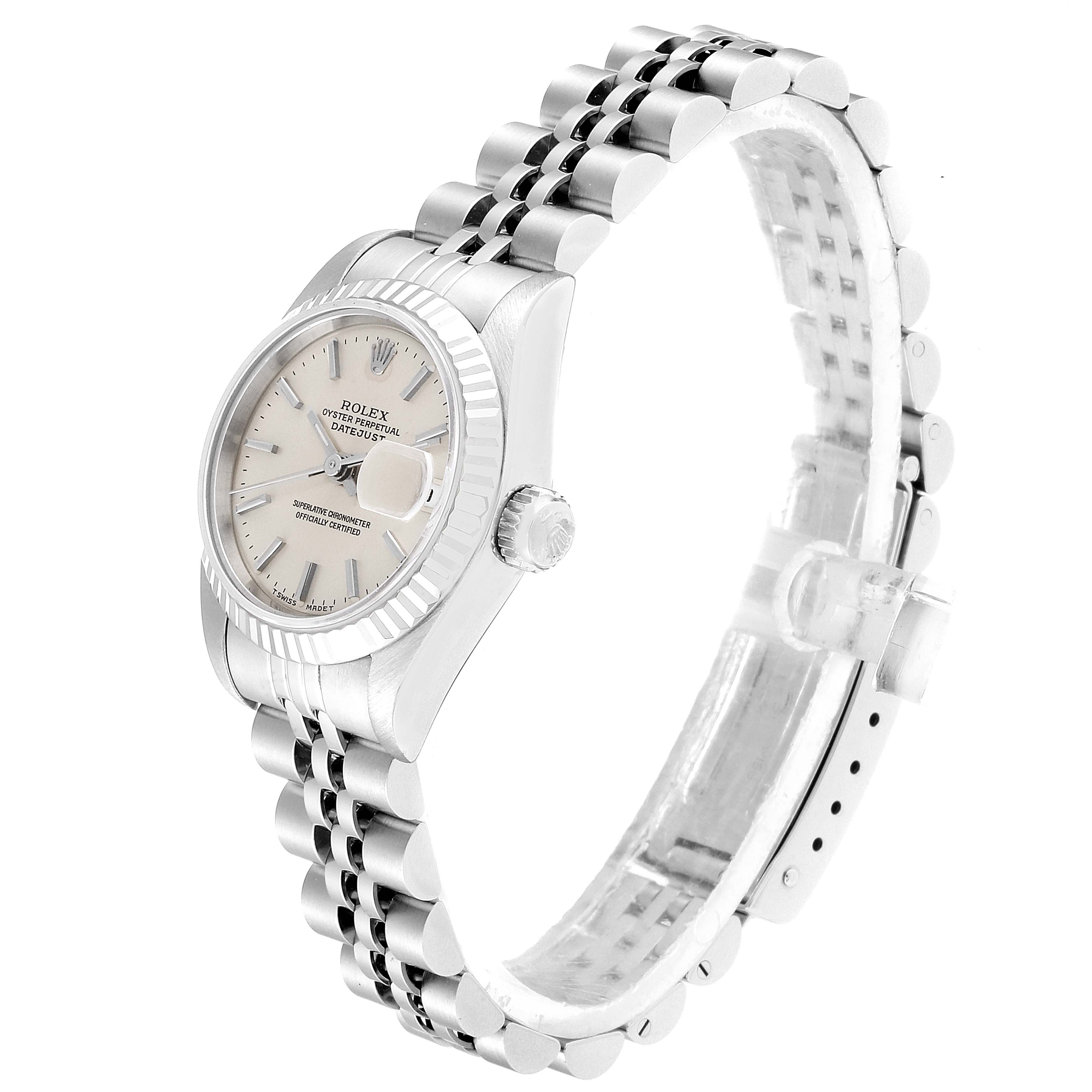 The image shows a Rolex Datejust 69174 Women
s Stainless Steel Silver Dial 69174 Women
s Stainless Steel Silver Dial watch at a three-quarter angle, highlighting its face, bezel, crown, and jubilee bracelet.