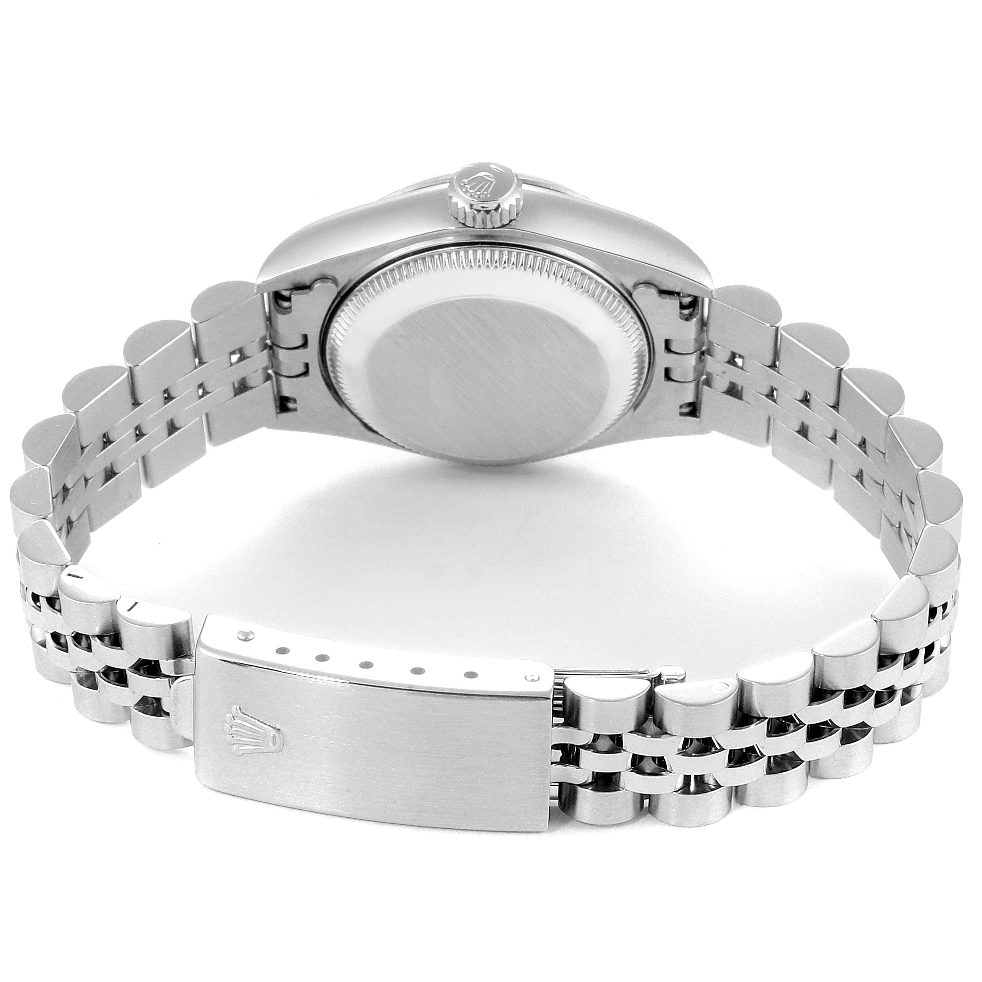 This image shows the back of a Rolex Datejust 69174 Women
s Stainless Steel Silver Dial 69174 Women
s Stainless Steel Silver Dial watch, focusing on the case back, crown, and metal bracelet with clasp.