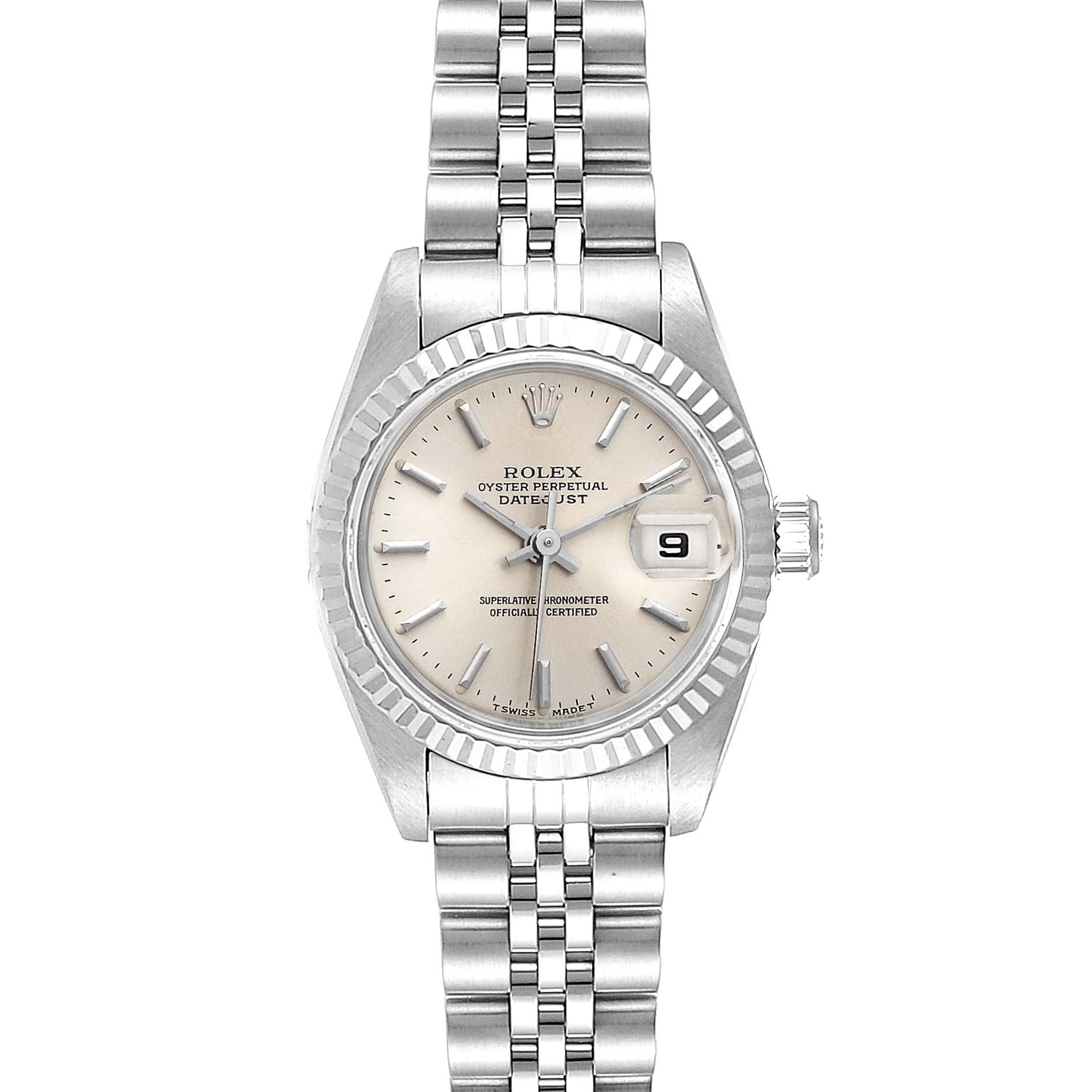 The image shows a front view of a Rolex Datejust 69174 Women
s Stainless Steel Silver Dial 69174 Women
s Stainless Steel Silver Dial watch, displaying the dial, bezel, bracelet, and crown.