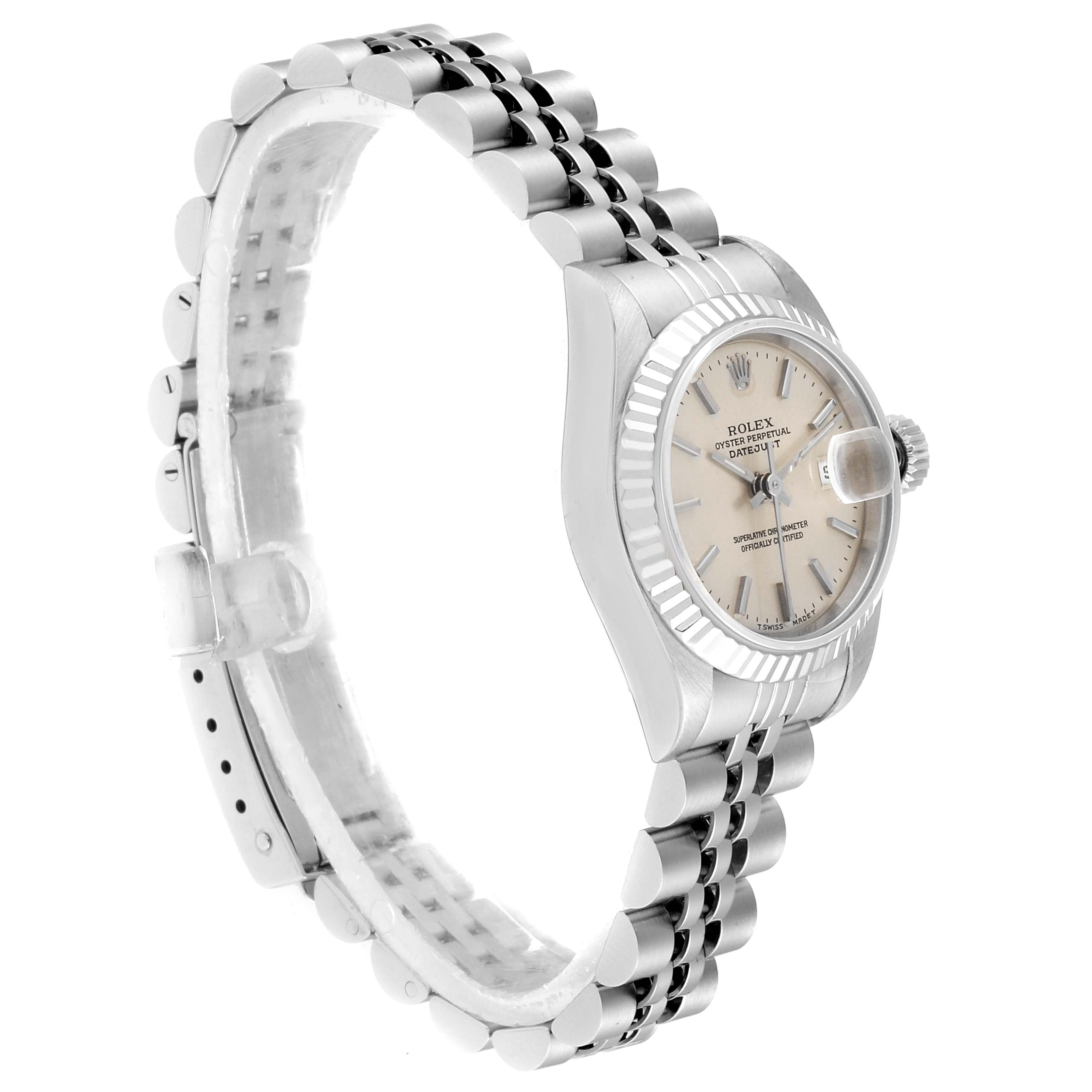 The Rolex Datejust 69174 Women
s Stainless Steel Silver Dial 69174 Women
s Stainless Steel Silver Dial watch is shown at a side angle, highlighting its face, bezel, and Jubilee bracelet.