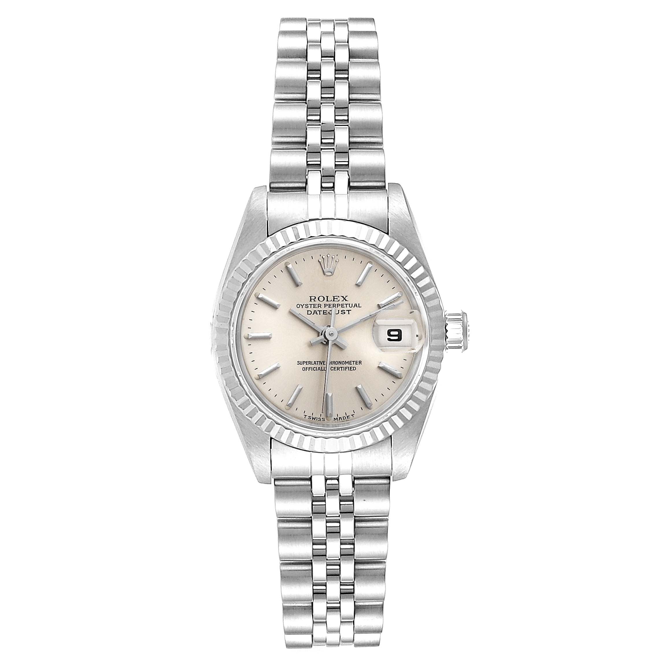 The image shows a front view of a Rolex Datejust 69174 Women
s Stainless Steel Silver Dial 69174 Women
s Stainless Steel Silver Dial watch, highlighting the dial, bezel, bracelet, and date window.