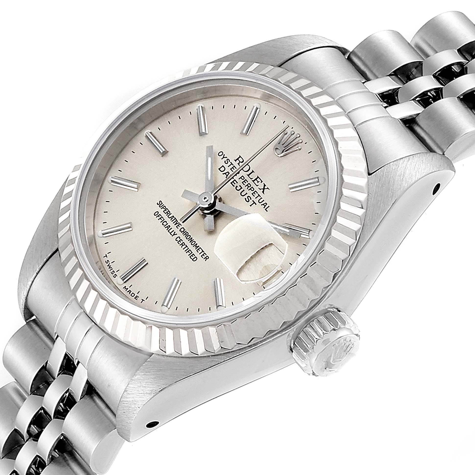 The image shows a close-up angled view of the Rolex Datejust 69174 Women
s Stainless Steel Silver Dial 69174 Women
s Stainless Steel Silver Dial watch, including the dial, bezel, crown, and bracelet.