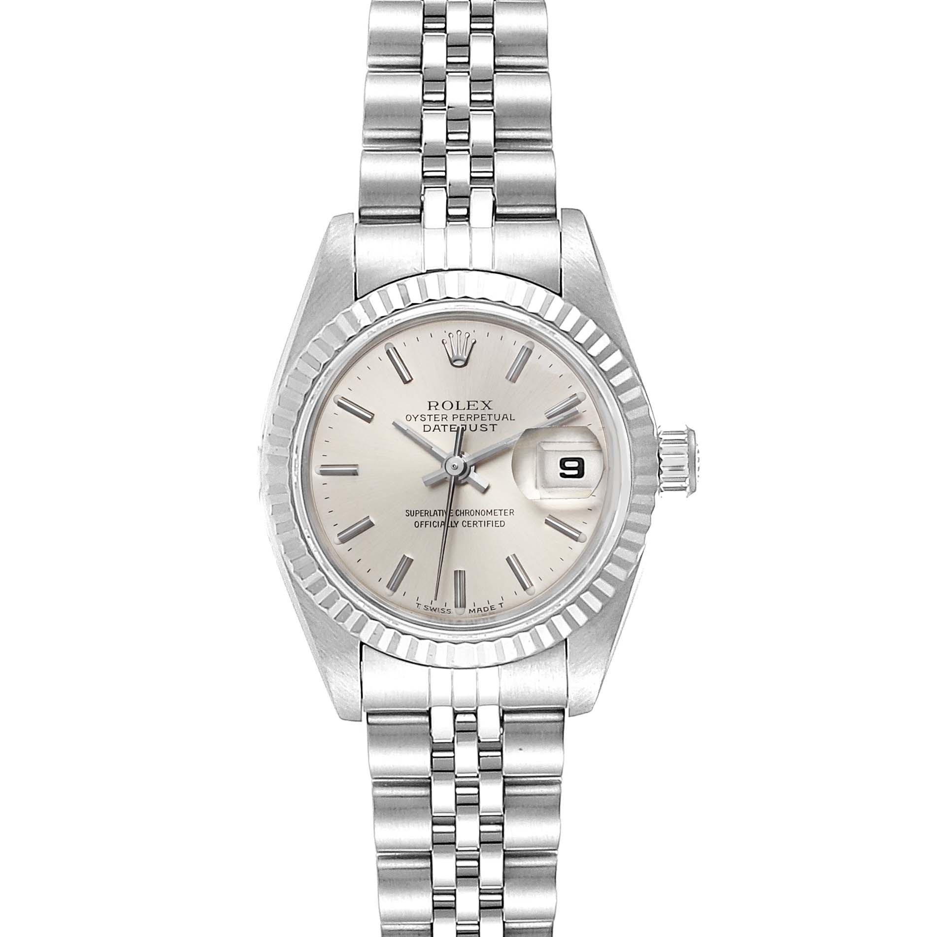 This image shows a front view of the Rolex Datejust 69174 Women
s Stainless Steel Silver Dial 69174 Women
s Stainless Steel Silver Dial watch, featuring its dial, bezel, and bracelet.