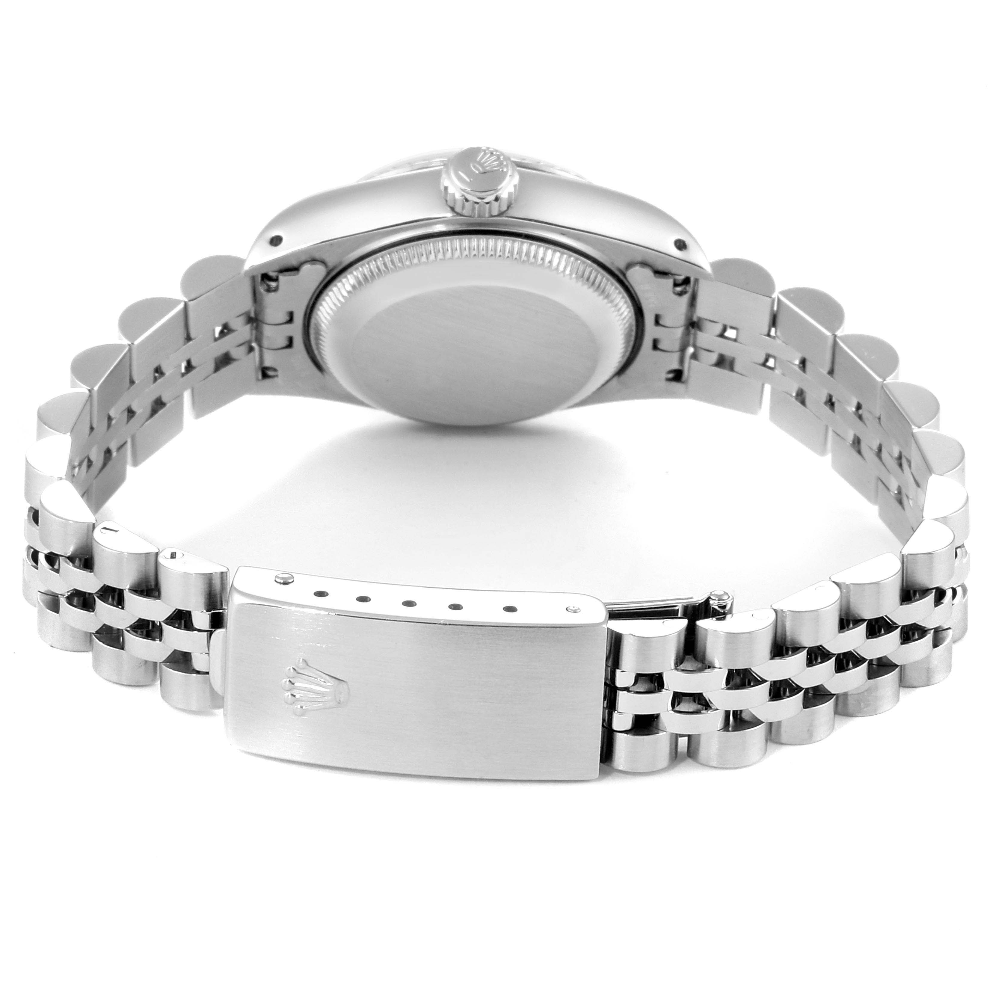 The image shows the back view of a Rolex Datejust 69174 Women
s Stainless Steel Silver Dial 69174 Women
s Stainless Steel Silver Dial watch, highlighting the clasp, bracelet, and caseback.