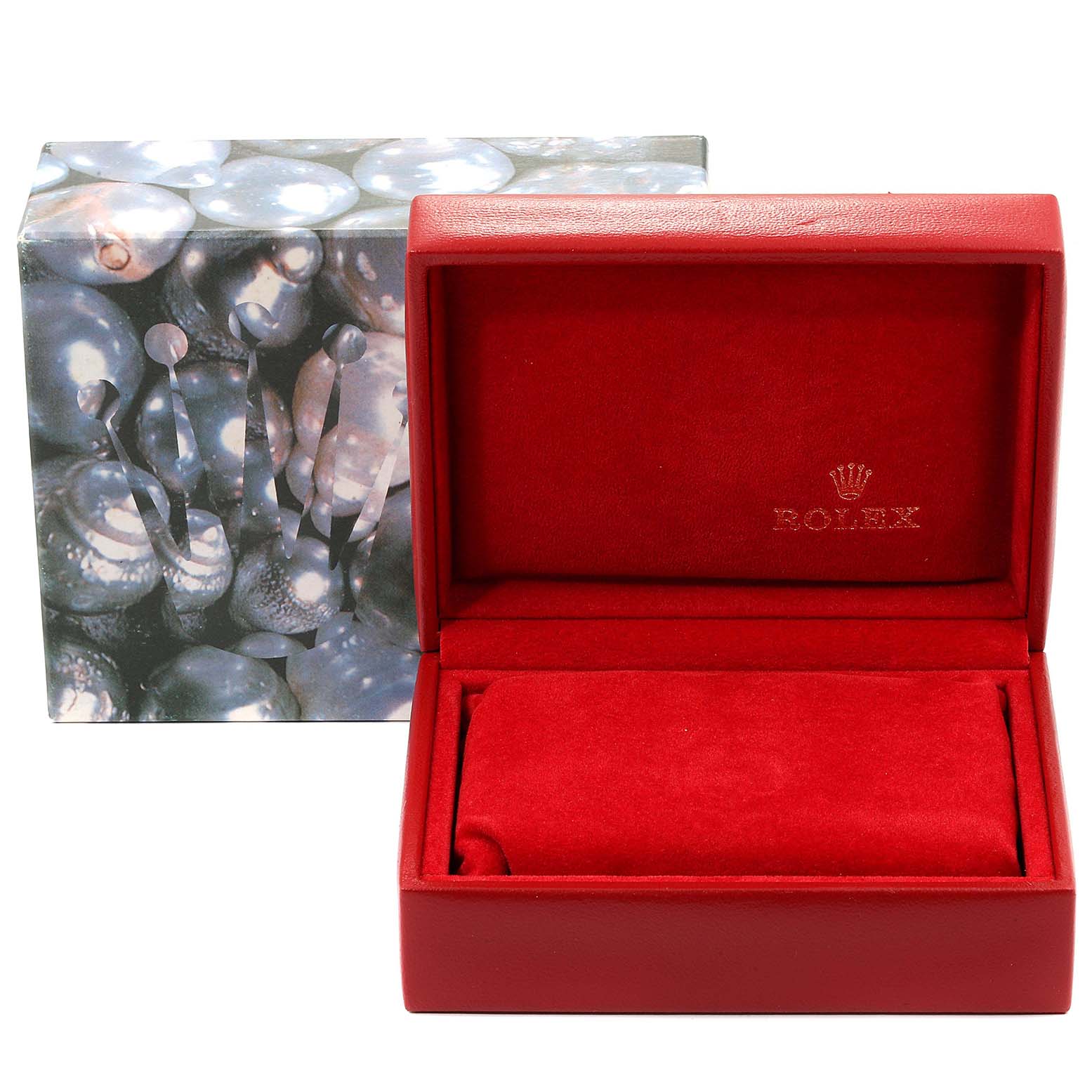 This image shows a Rolex Datejust 69174 Women
s Stainless Steel Silver Dial 69174 Women
s Stainless Steel Silver Dial watch box with a red interior and an outer cover featuring a metallic bubble design.