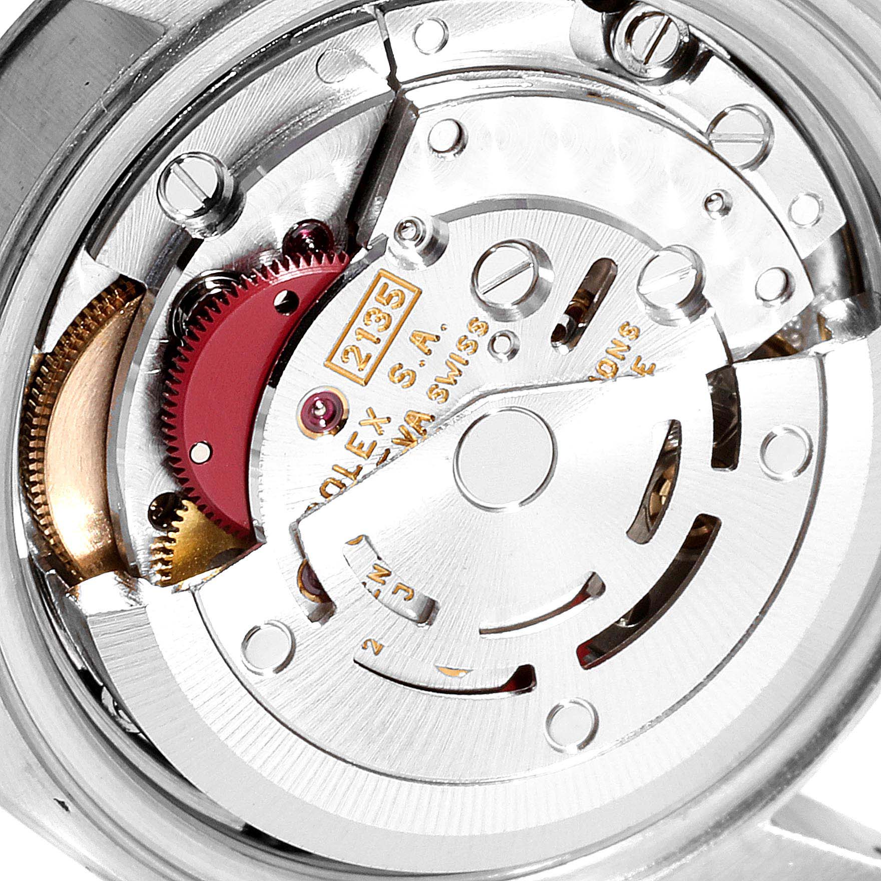 The image shows the exposed movement and intricate inner mechanisms of a Rolex Datejust 69174 Women
s Stainless Steel Silver Dial 69174 Women
s Stainless Steel Silver Dial watch.