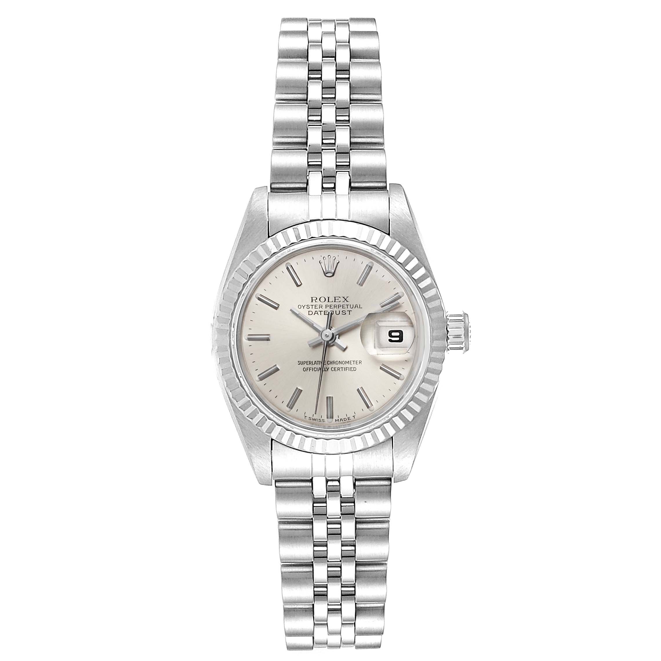 The Rolex Datejust 69174 Women
s Stainless Steel Silver Dial 69174 Women
s Stainless Steel Silver Dial watch is shown from the front, displaying the face, bezel, crown, and bracelet.