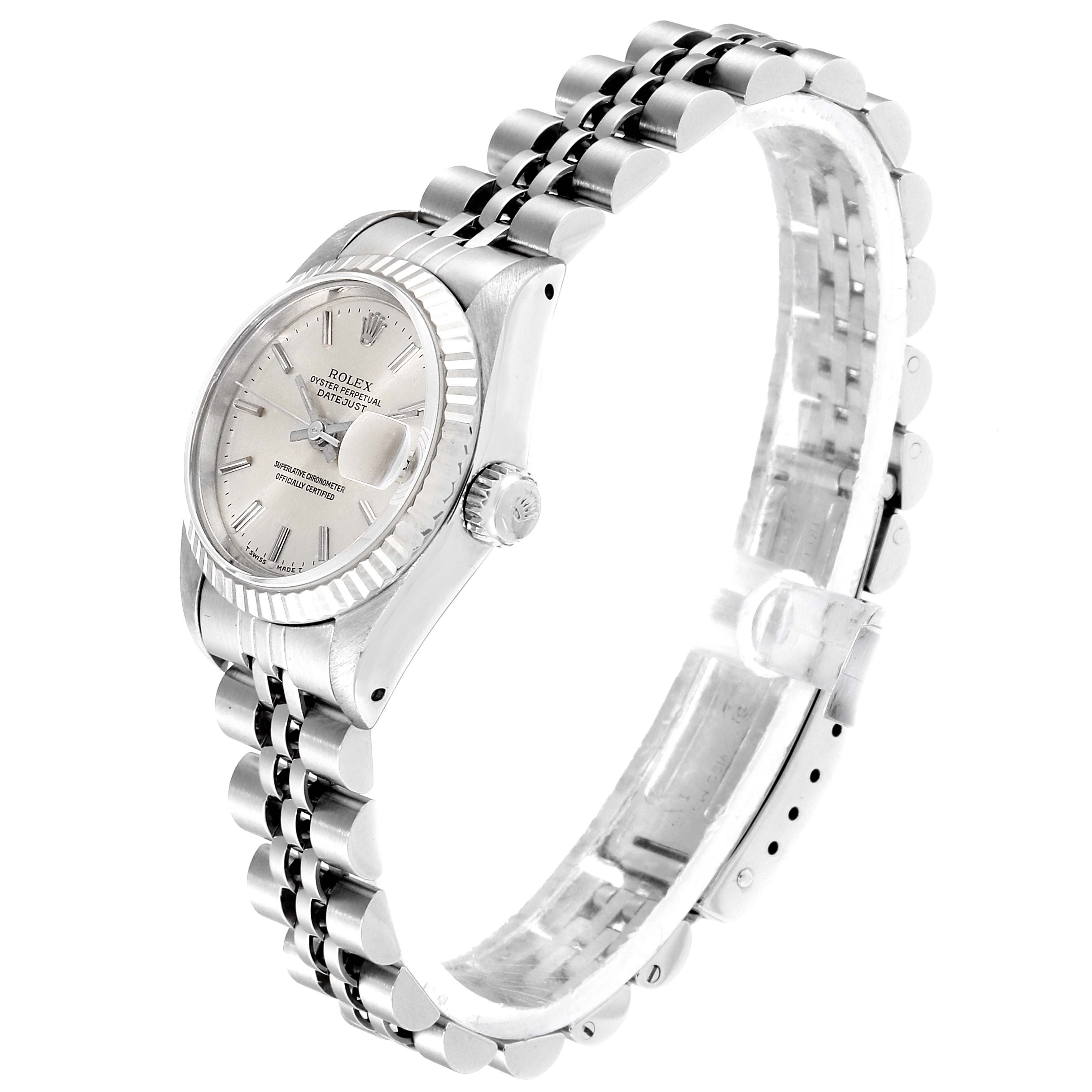 The image shows a Rolex Datejust 69174 Women
s Stainless Steel Silver Dial 69174 Women
s Stainless Steel Silver Dial watch angled from the left, displaying the dial, bezel, crown, and bracelet.