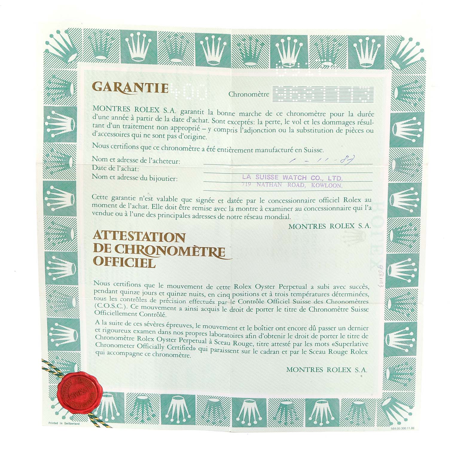 This image shows a guarantee and certification document for a Rolex Datejust 69174 Women
s Stainless Steel Silver Dial 69174 Women
s Stainless Steel Silver Dial watch.