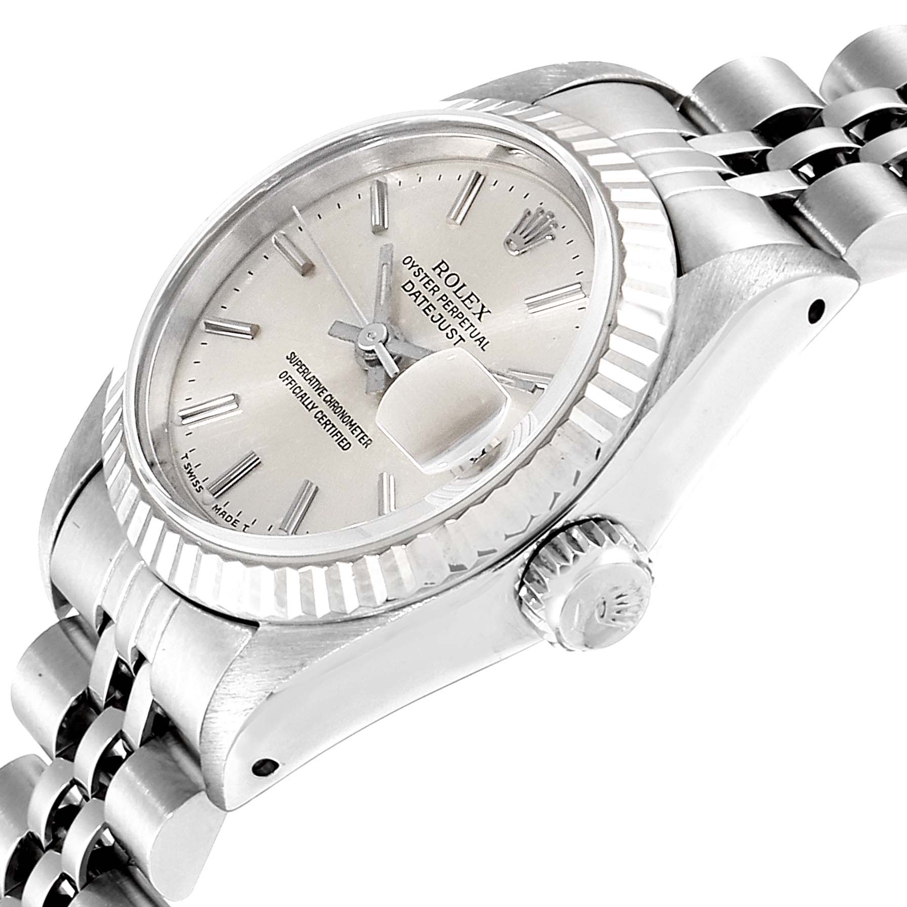 The image shows a Rolex Datejust 69174 Women
s Stainless Steel Silver Dial 69174 Women
s Stainless Steel Silver Dial watch at a slight side angle, highlighting the dial, bezel, crown, and bracelet.