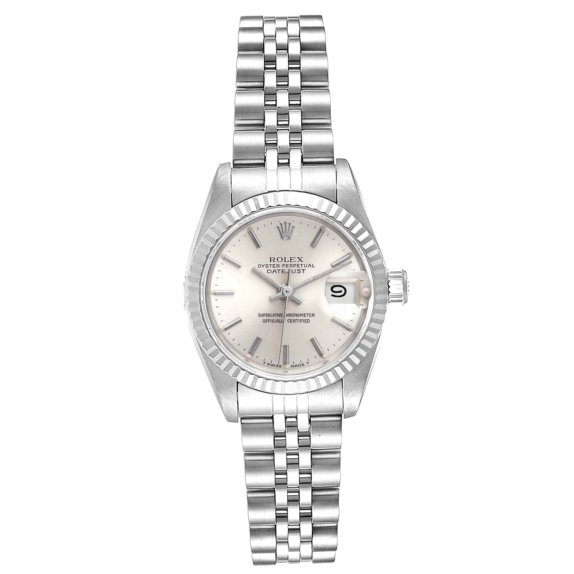 The image shows a frontal view of a Rolex Datejust 69174 Women
s Stainless Steel Silver Dial 69174 Women
s Stainless Steel Silver Dial watch, displaying the dial, hands, date window, and bracelet.