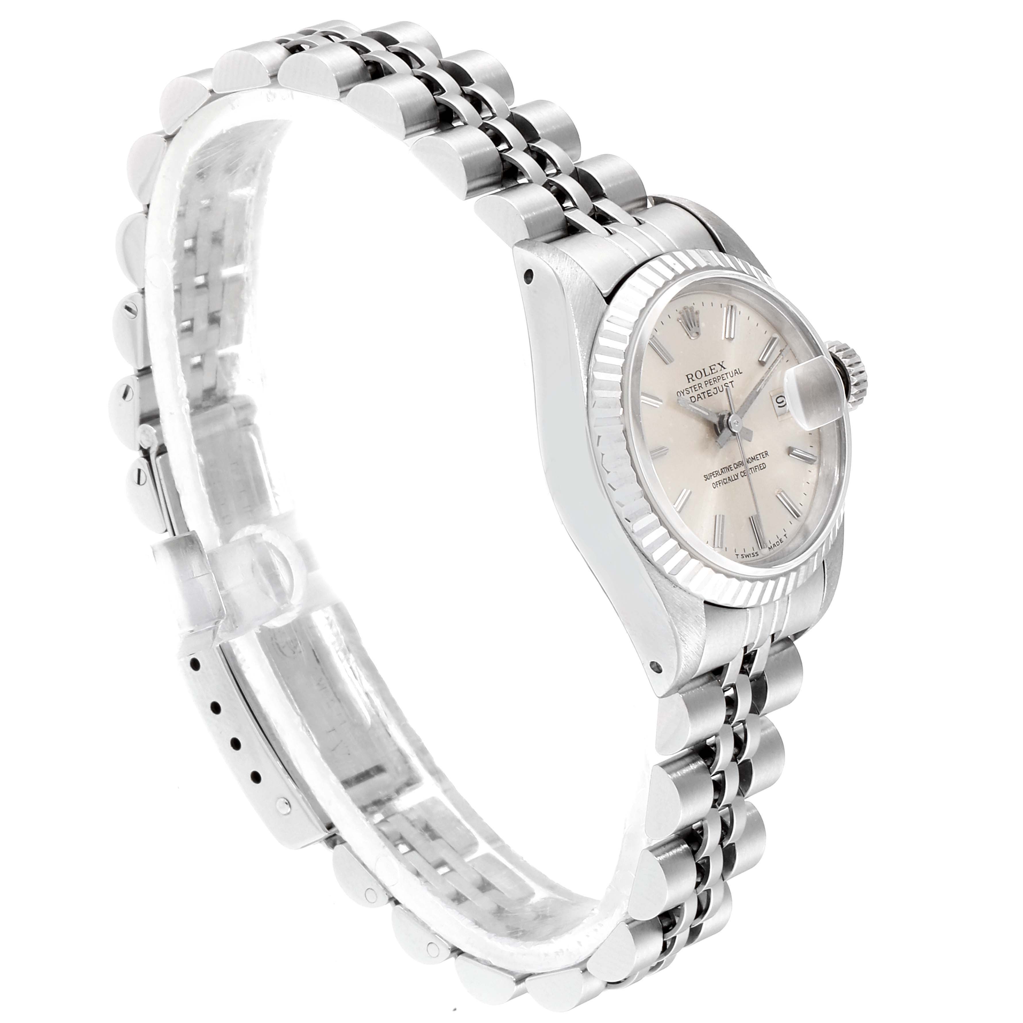 The Rolex Datejust 69174 Women
s Stainless Steel Silver Dial 69174 Women
s Stainless Steel Silver Dial watch is shown from a side angle, highlighting the case, dial, bezel, and bracelet.