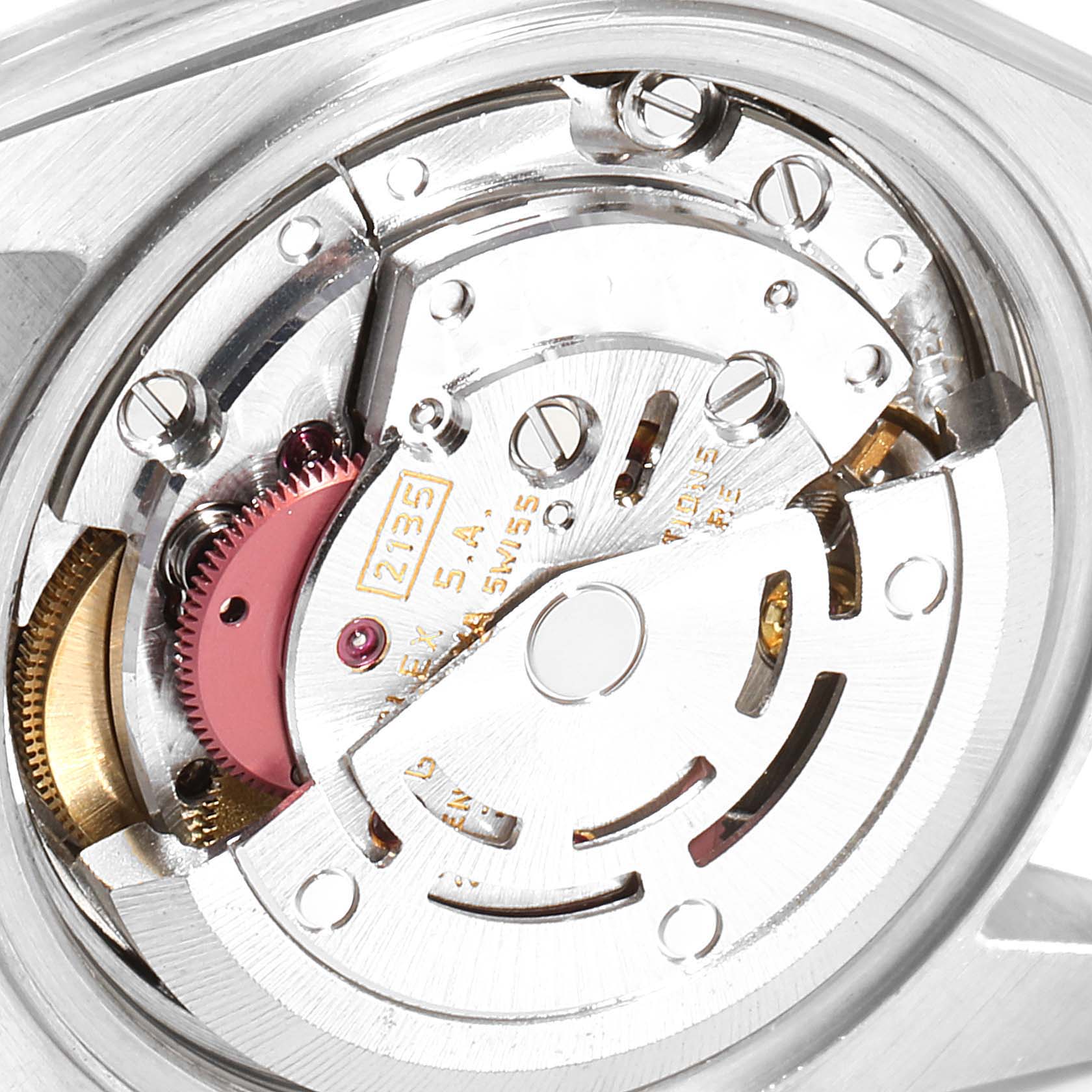 This is a close-up of the Rolex Datejust 69174 Women
s Stainless Steel Silver Dial 69174 Women
s Stainless Steel Silver Dial watch movement, showcasing its internal mechanisms and components.