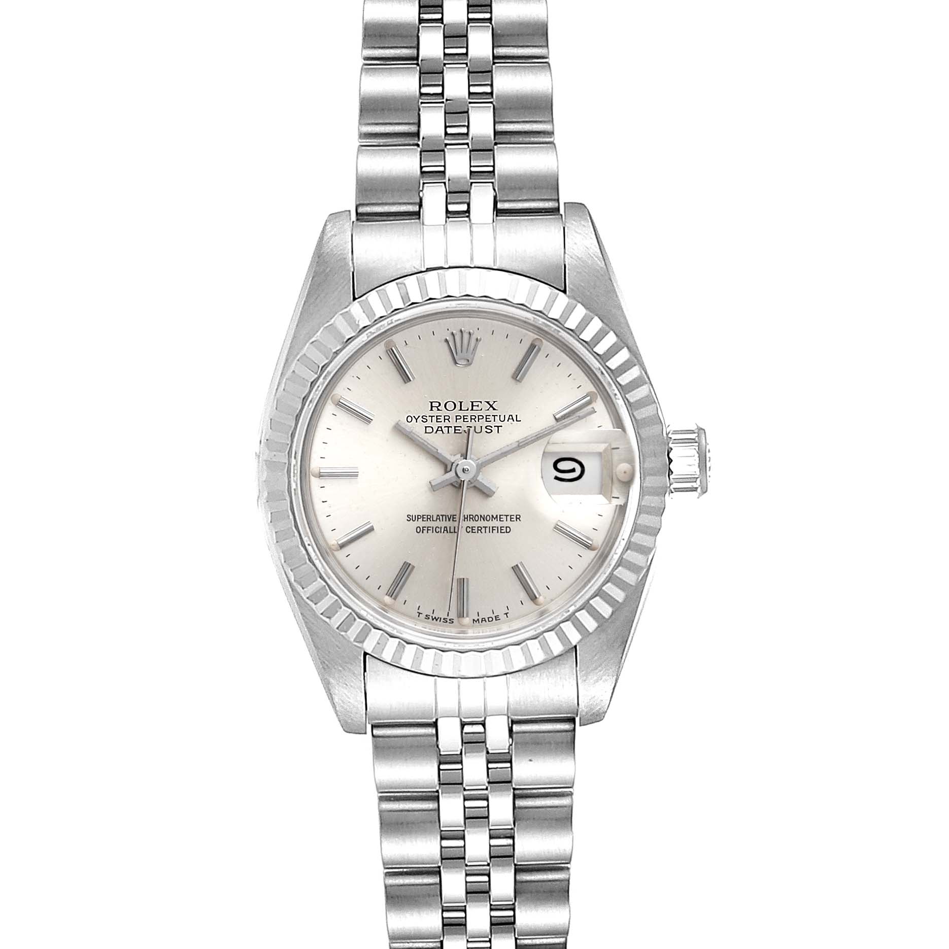 The Rolex Datejust 69174 Women
s Stainless Steel Silver Dial 69174 Women
s Stainless Steel Silver Dial watch is shown from a front angle, displaying the dial, bezel, crown, and bracelet.