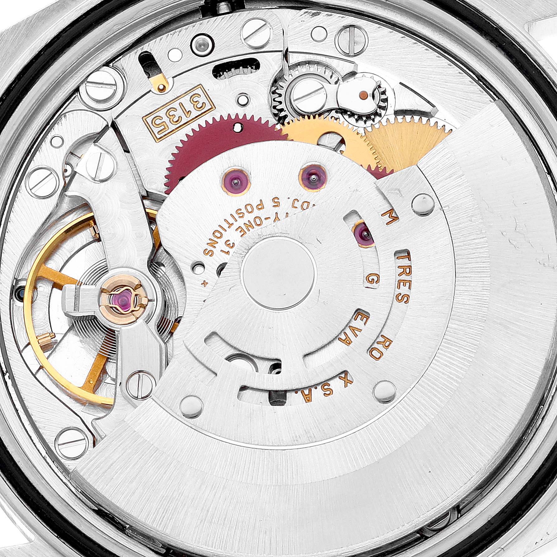 The image shows a close-up of the movement mechanism of a Rolex Datejust 16234 Men's Stainless Steel White Dial 16234 Men's Stainless Steel White Dial watch.