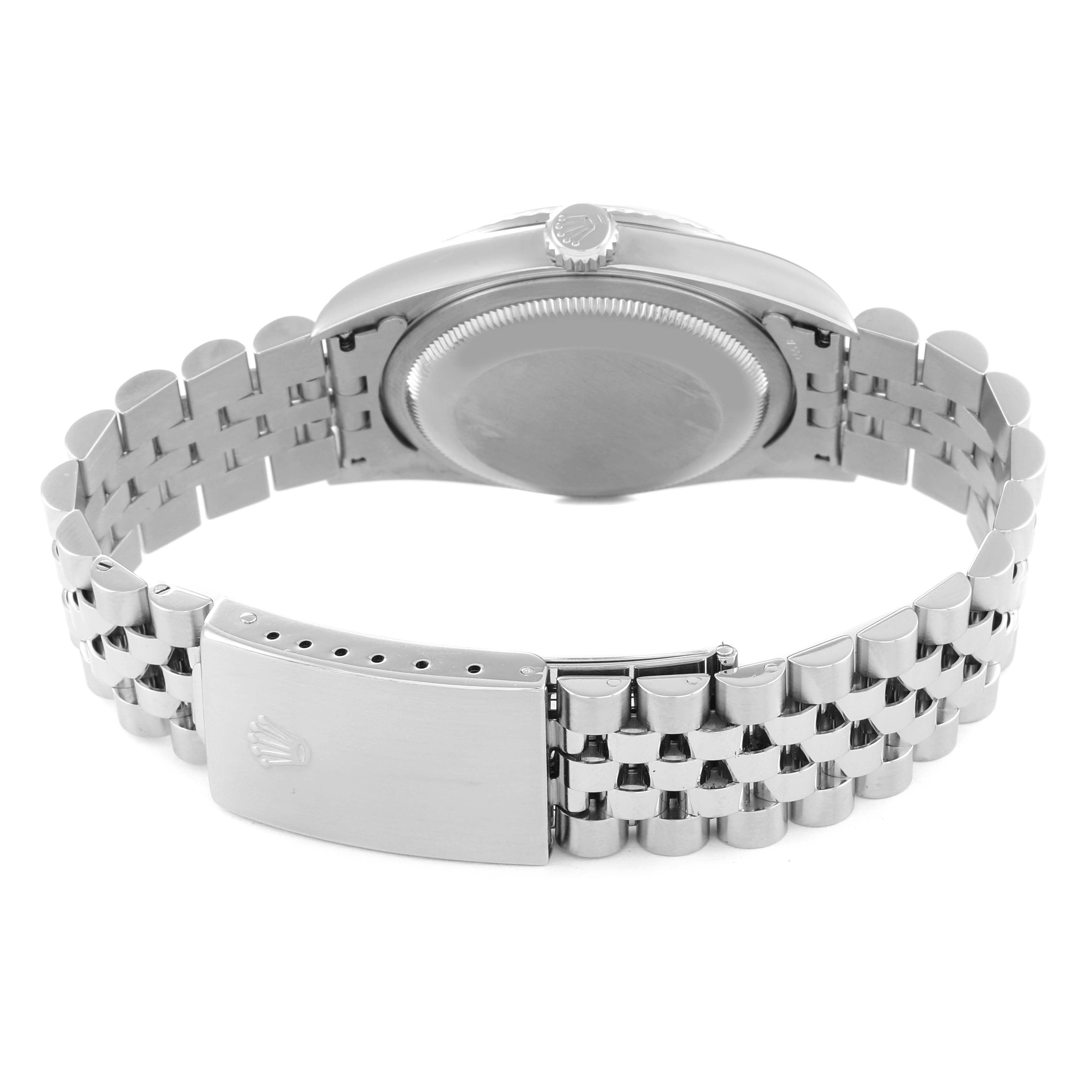 The image shows the back view of a Rolex Datejust 16234 Men's Stainless Steel White Dial 16234 Men's Stainless Steel White Dial, highlighting the case back and Jubilee bracelet with a clasp.