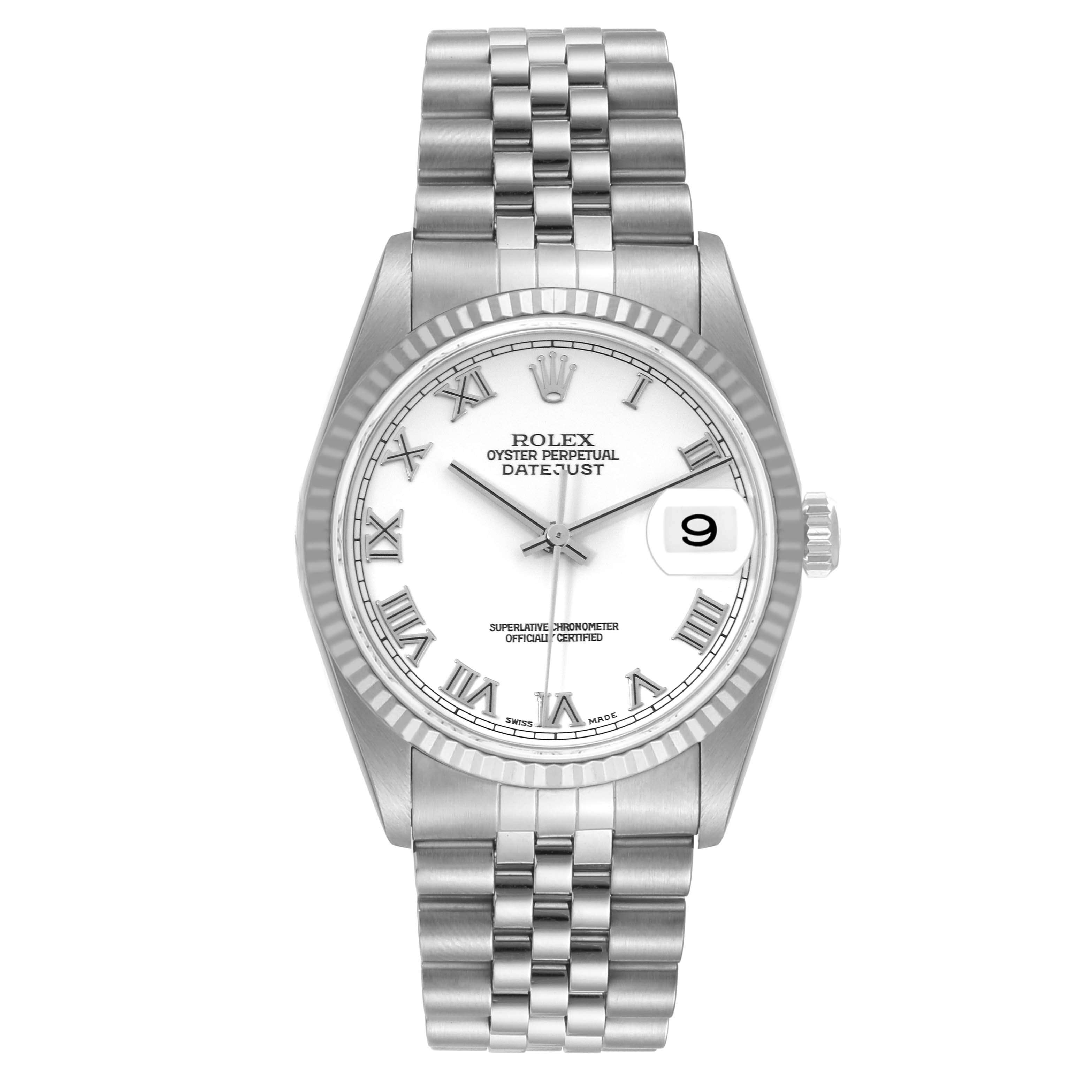 This image shows a front view of a Rolex Datejust 16234 Men's Stainless Steel White Dial 16234 Men's Stainless Steel White Dial watch, displaying its dial, bezel, and Jubilee bracelet.