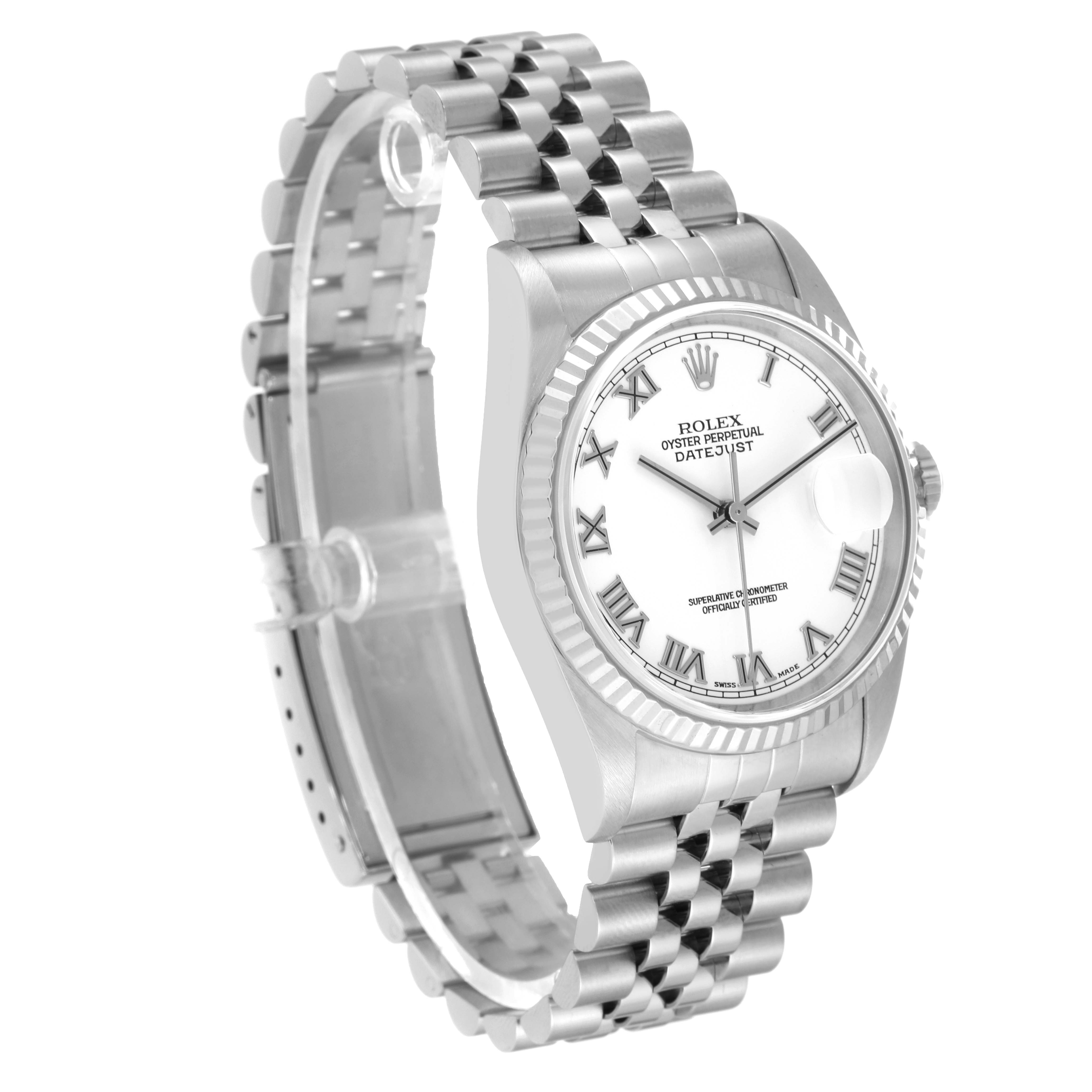 The Rolex Datejust 16234 Men's Stainless Steel White Dial 16234 Men's Stainless Steel White Dial watch is shown from an angled front view, displaying its face, bezel, and bracelet.