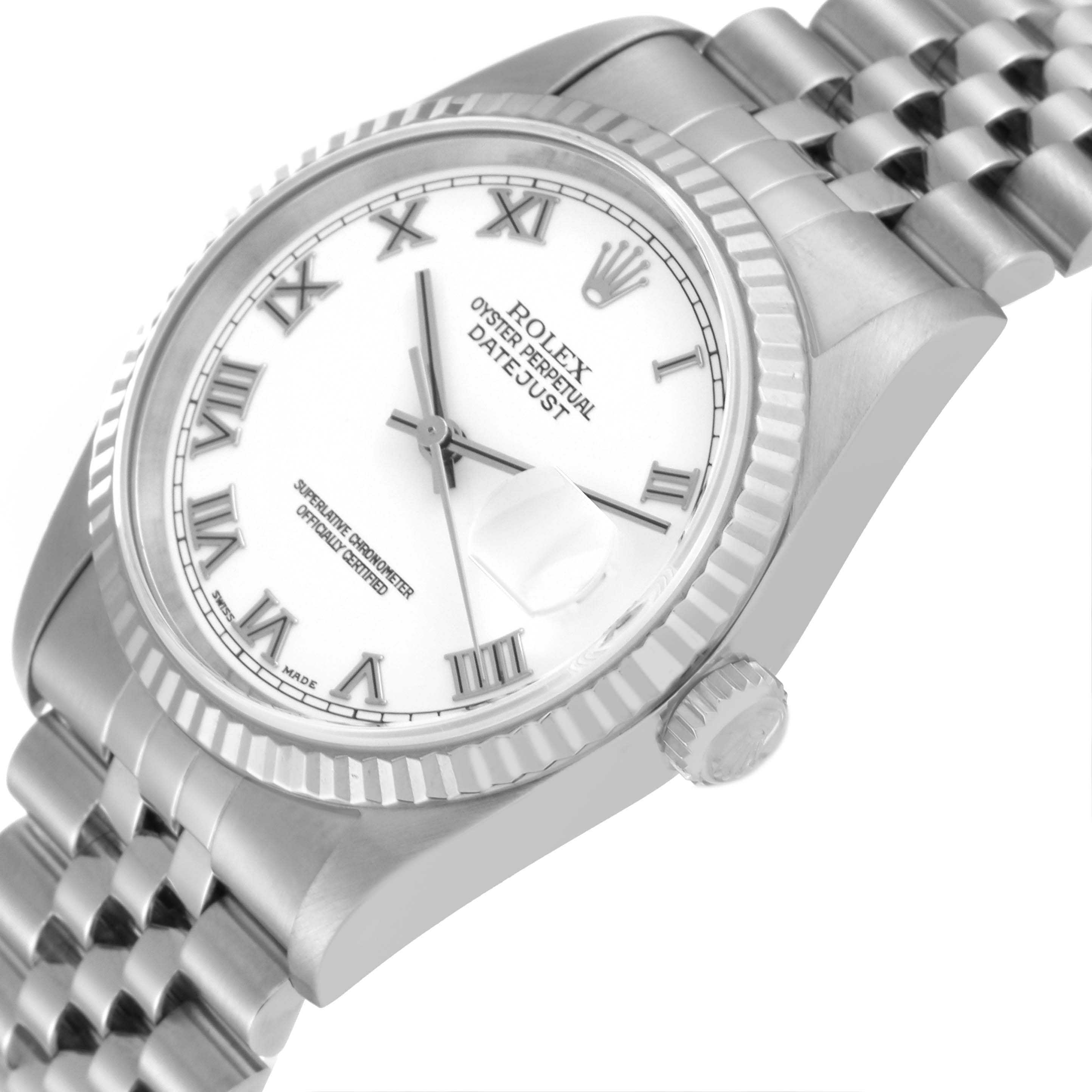 This image shows a close-up, angled view of a Rolex Datejust 16234 Men's Stainless Steel White Dial 16234 Men's Stainless Steel White Dial watch, highlighting the dial, bezel, crown, and part of the bracelet.