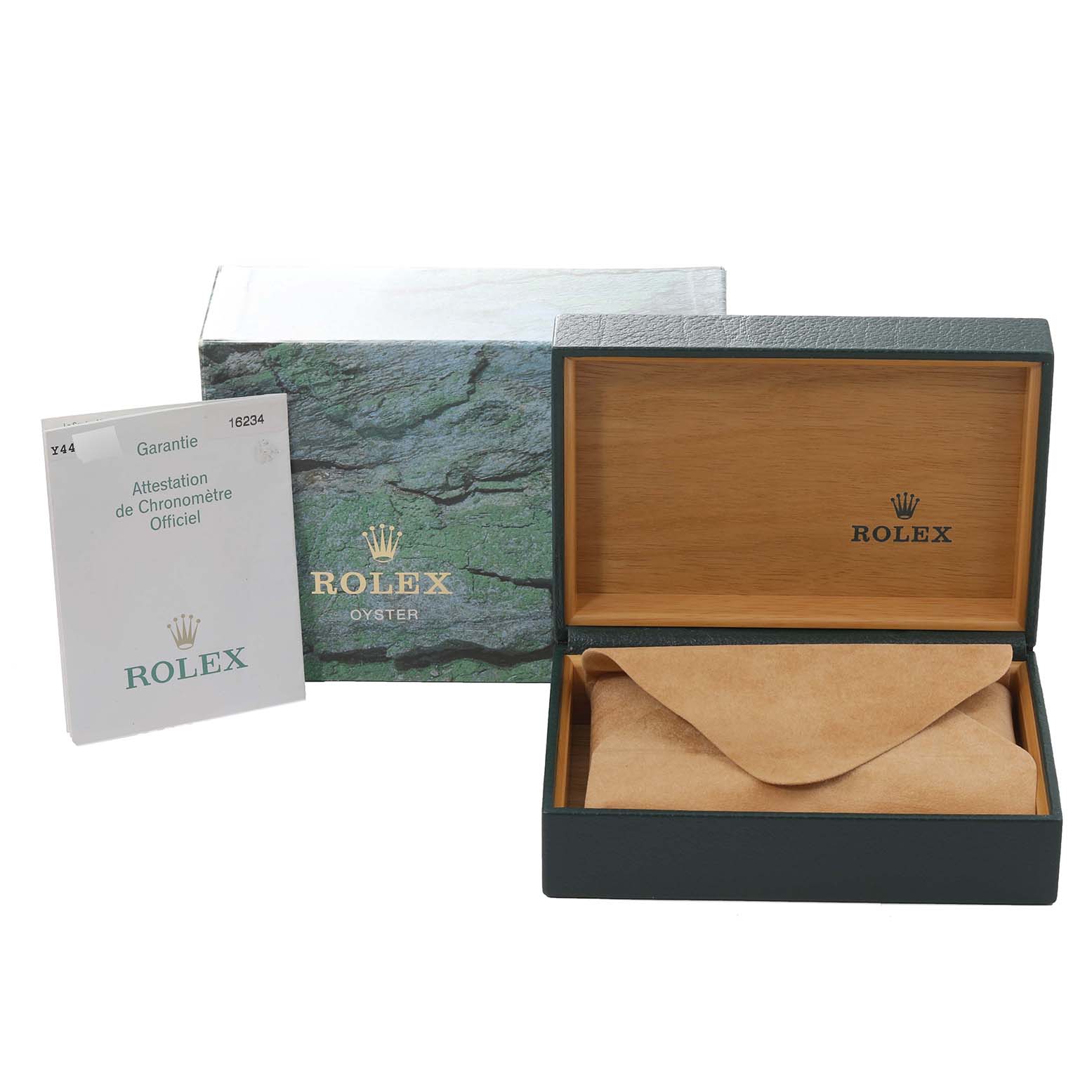 The image shows the Rolex Datejust 16234 Men's Stainless Steel White Dial 16234 Men's Stainless Steel White Dial watch box, booklet, and outer packaging at eye level.