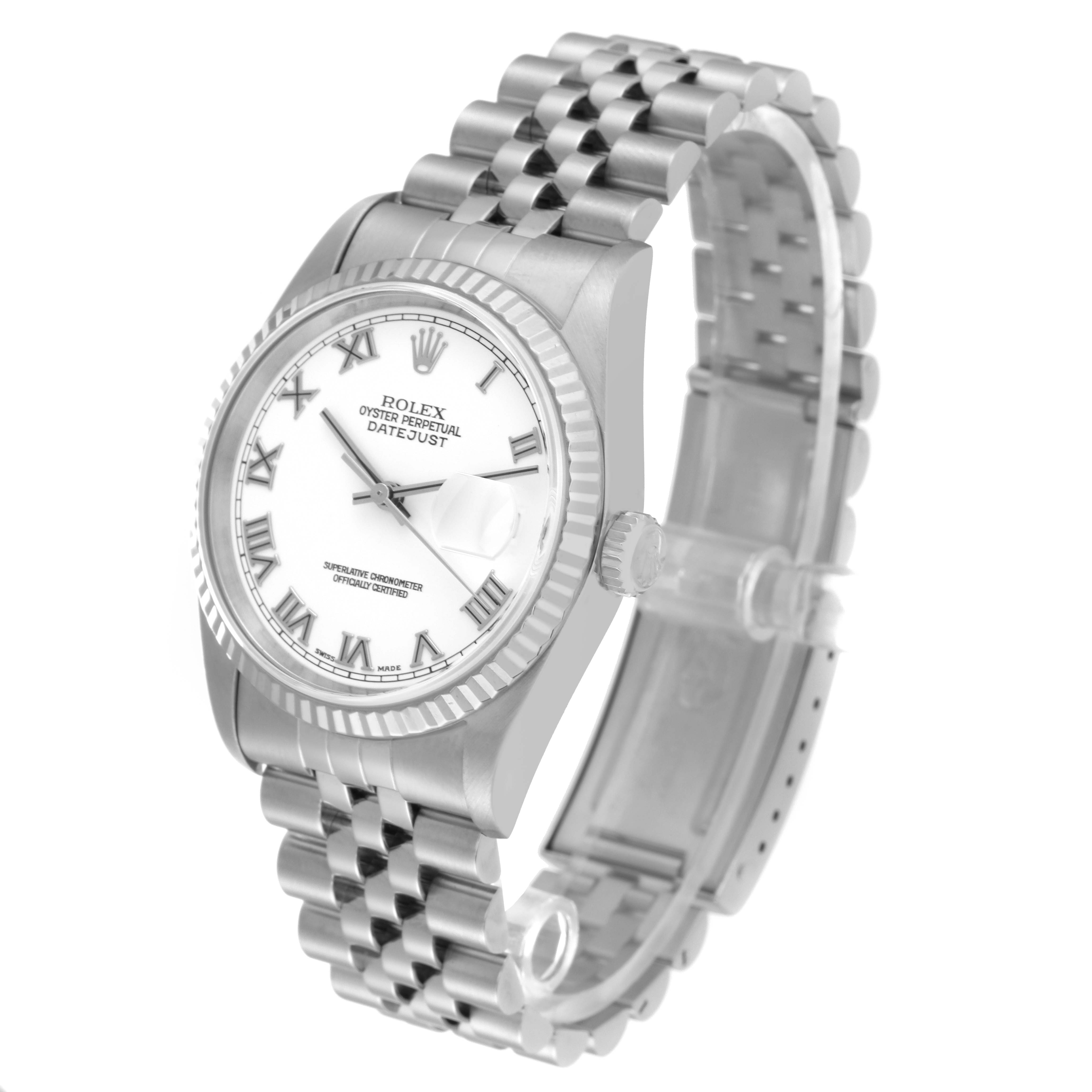This image shows a Rolex Datejust 16234 Men's Stainless Steel White Dial 16234 Men's Stainless Steel White Dial watch at a three-quarter angle, highlighting its face, fluted bezel, and Jubilee bracelet.