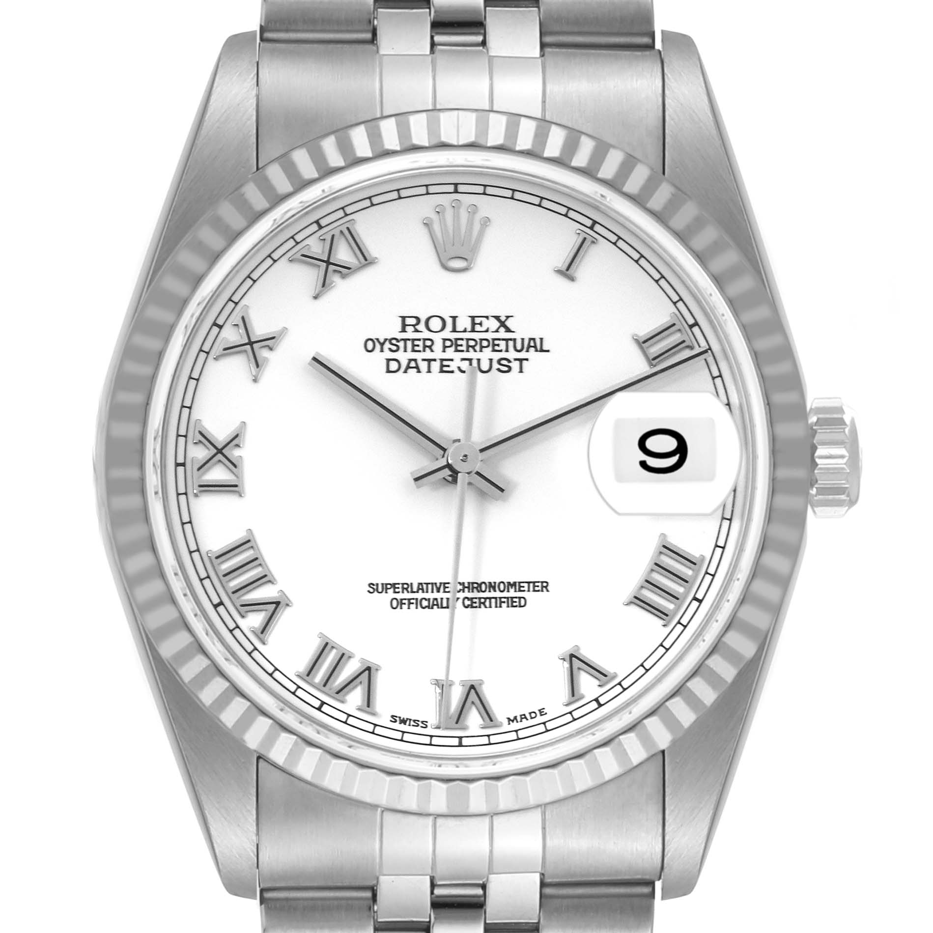 The image shows a front view of the Rolex Datejust 16234 Men's Stainless Steel White Dial 16234 Men's Stainless Steel White Dial watch, highlighting the dial, hands, date magnifier, and bracelet.