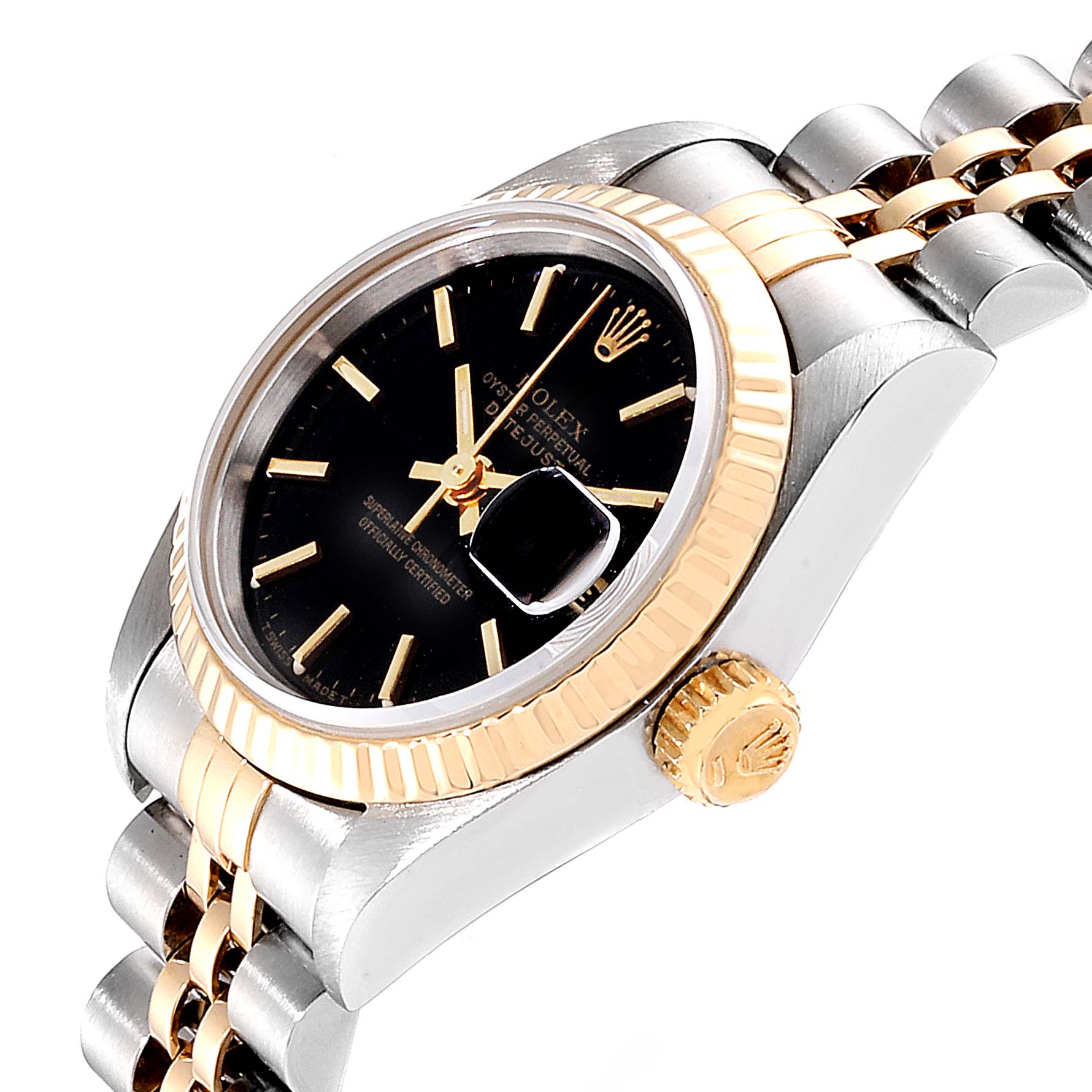 The image shows a close-up of a Rolex Datejust 69173 Women
s Steel and Gold (two tone) Black Dial 69173 Women
s Steel and Gold (two tone) Black Dial watch, highlighting the dial, fluted bezel, and part of the bracelet.