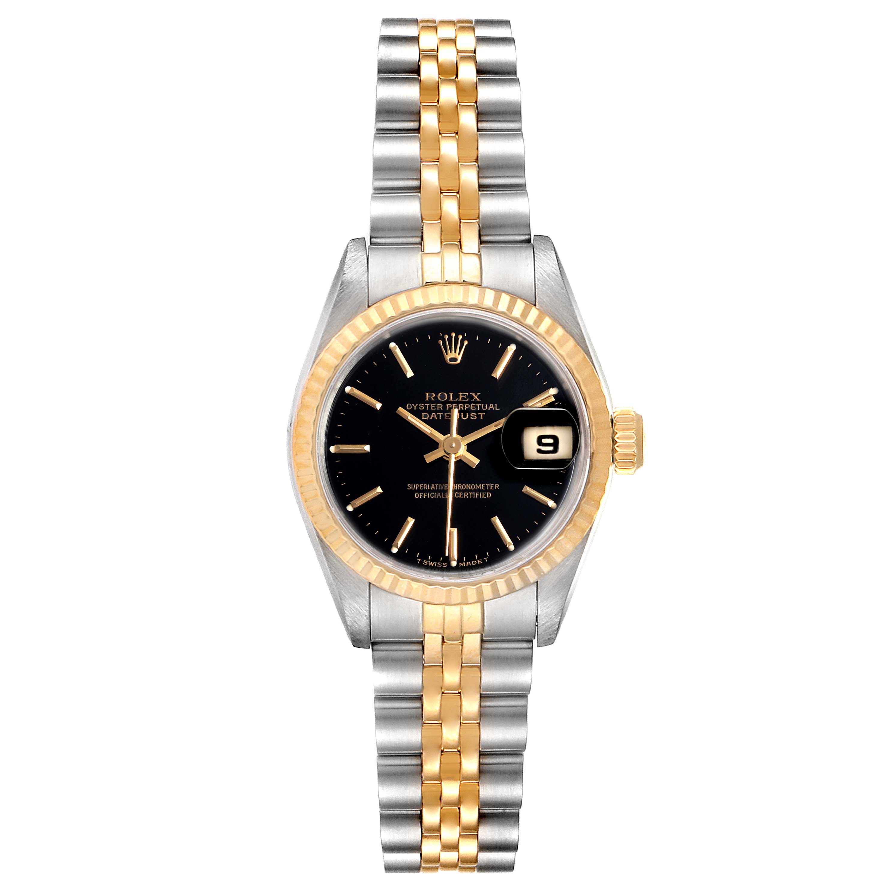 This Rolex Datejust 69173 Women
s Steel and Gold (two tone) Black Dial 69173 Women
s Steel and Gold (two tone) Black Dial watch is shown from a front angle, displaying its two-tone bracelet, black dial, and date window.