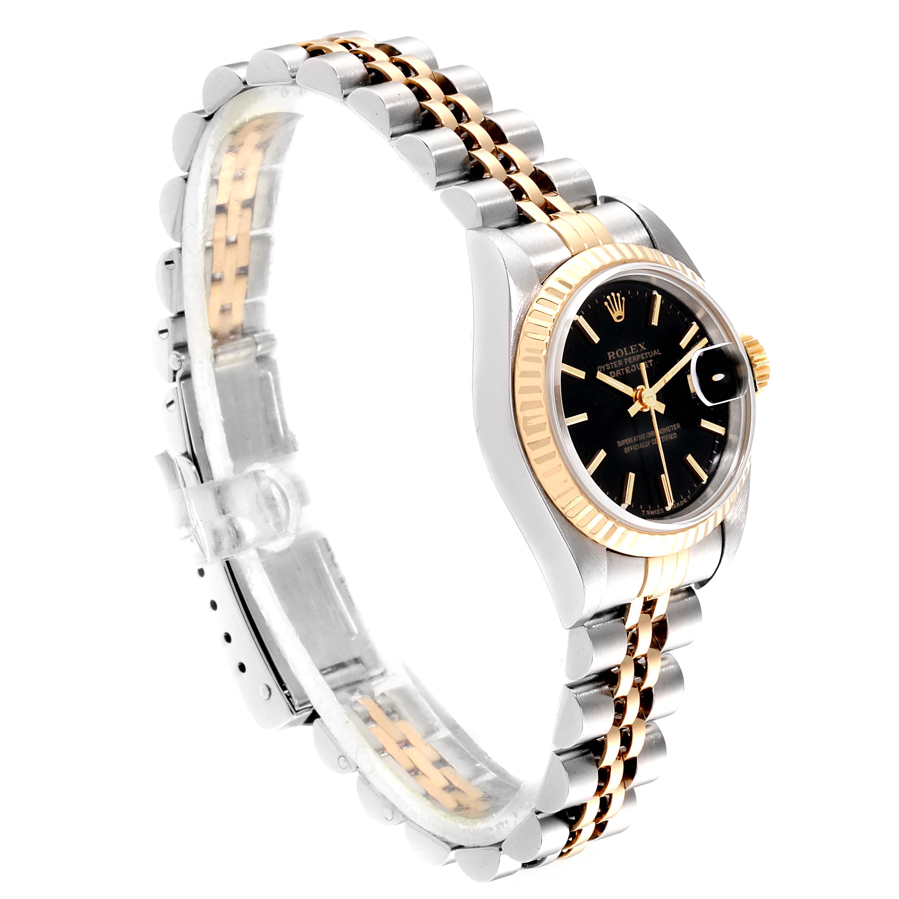 The image shows a side angle of a Rolex Datejust 69173 Women
s Steel and Gold (two tone) Black Dial 69173 Women
s Steel and Gold (two tone) Black Dial watch, highlighting its black dial, fluted bezel, and two-tone bracelet.