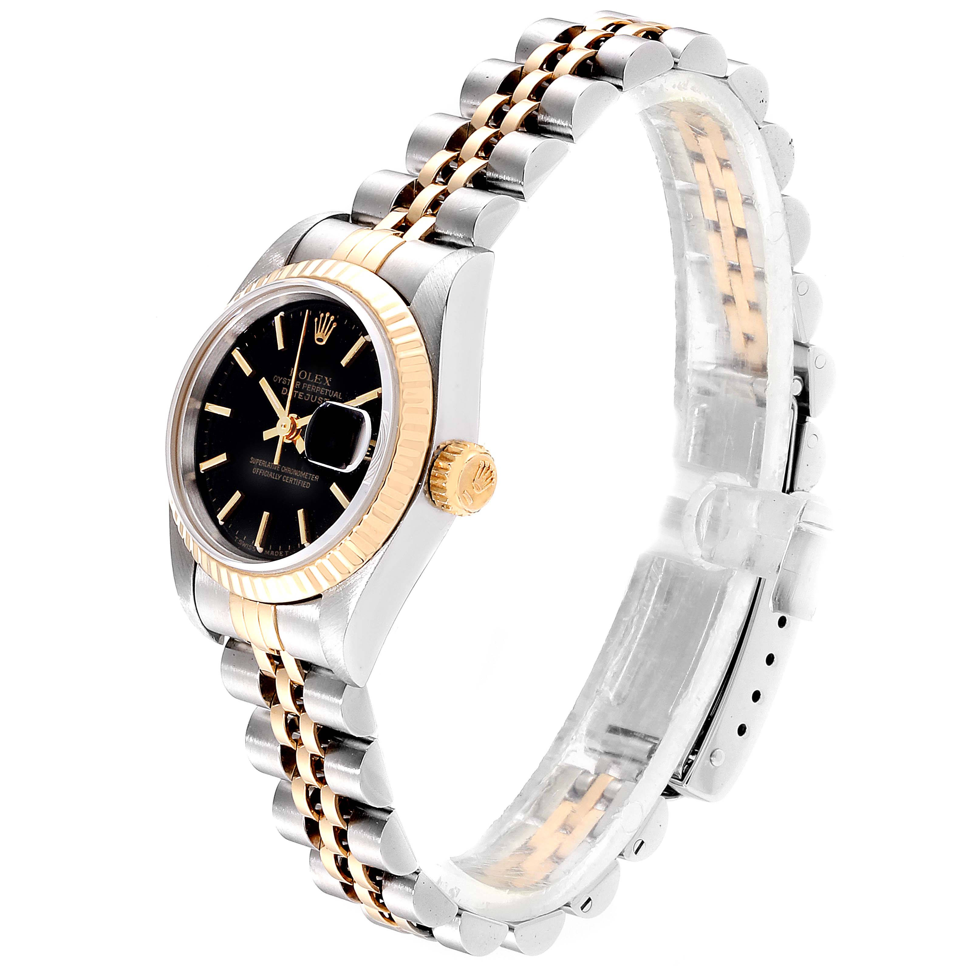 The image shows a Rolex Datejust 69173 Women
s Steel and Gold (two tone) Black Dial 69173 Women
s Steel and Gold (two tone) Black Dial watch at a side angle, highlighting its black dial, two-tone jubilee bracelet, and fluted bezel.