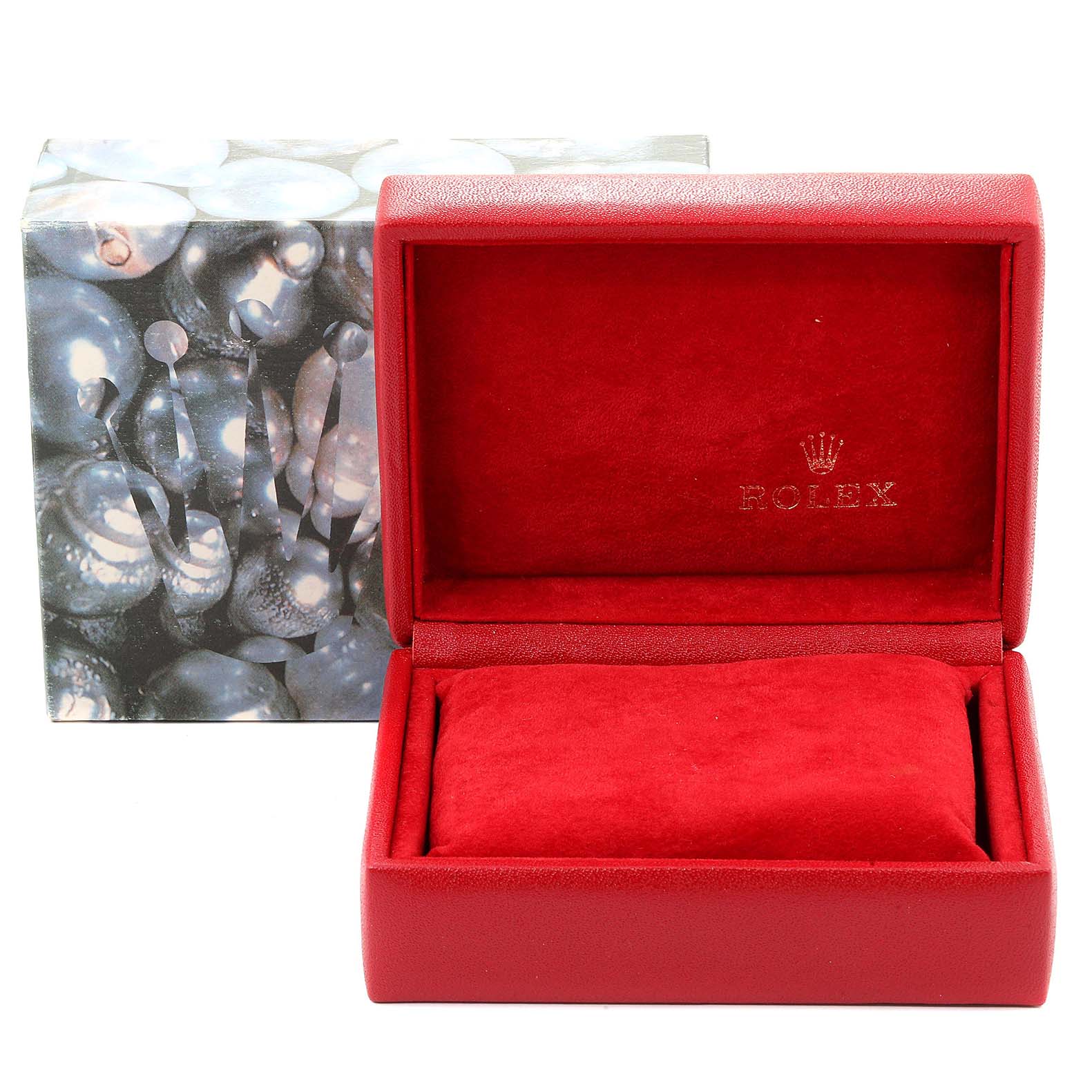 The image shows an open red Rolex Datejust 69173 Women
s Steel and Gold (two tone) Black Dial 69173 Women
s Steel and Gold (two tone) Black Dial watch box with an outer packaging box in the background.