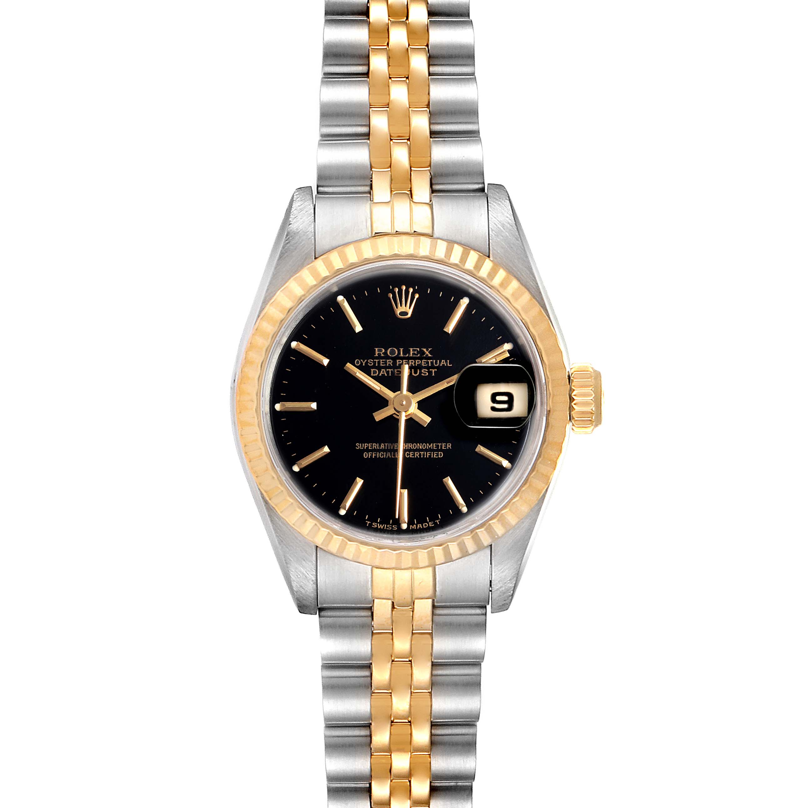 The Rolex Datejust 69173 Women
s Steel and Gold (two tone) Black Dial 69173 Women
s Steel and Gold (two tone) Black Dial watch is shown from a straight-on angle, highlighting its two-tone band, black dial, and date display.